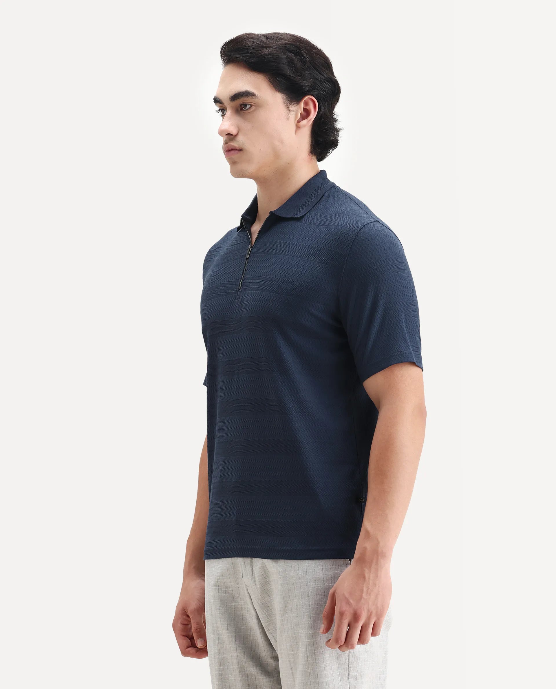Rare Rabbit Men's Clion Dark Blue Cotton Blend Jacquard Regular Fit Half Sleeve Polo