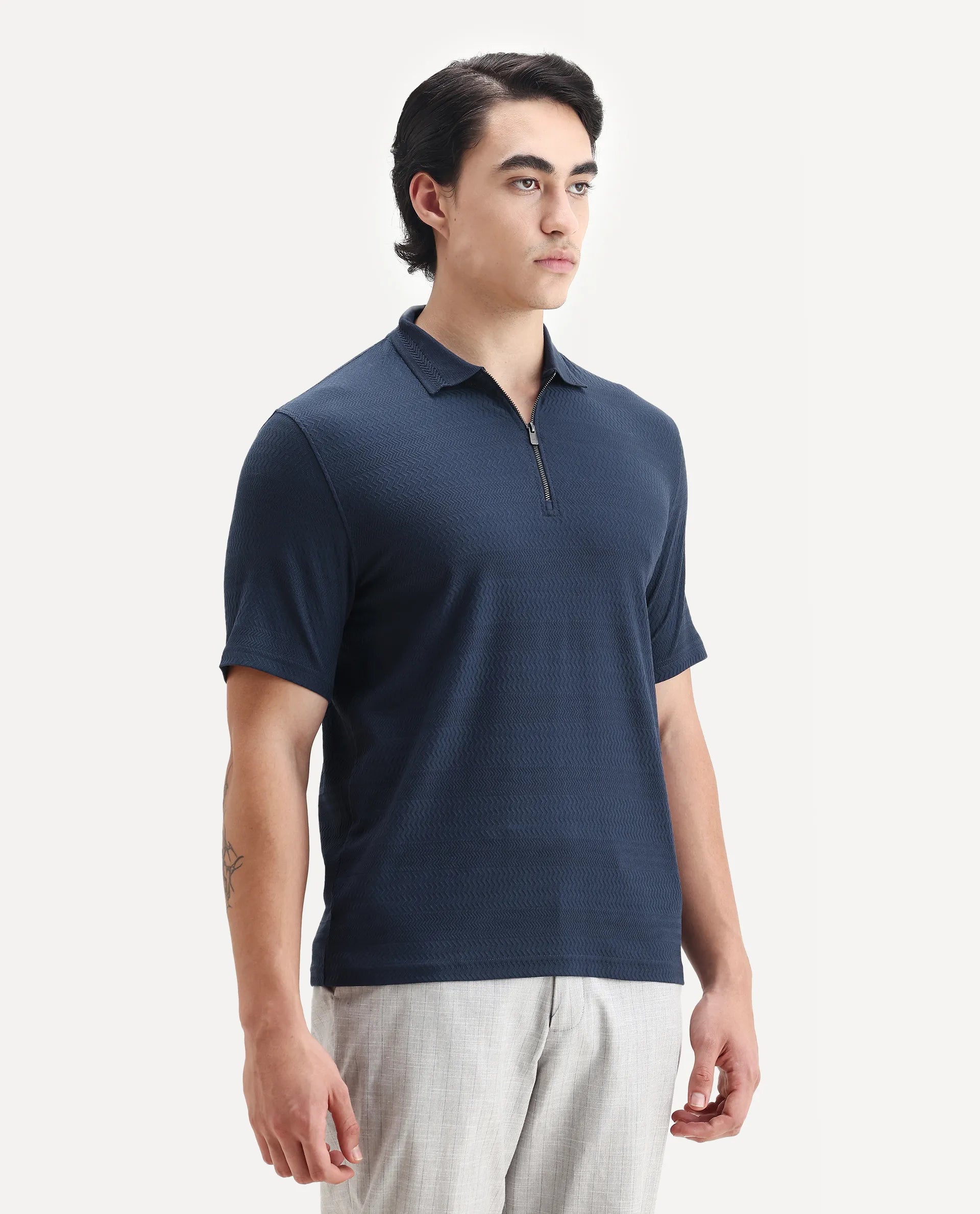 Rare Rabbit Men's Clion Dark Blue Cotton Blend Jacquard Regular Fit Half Sleeve Polo