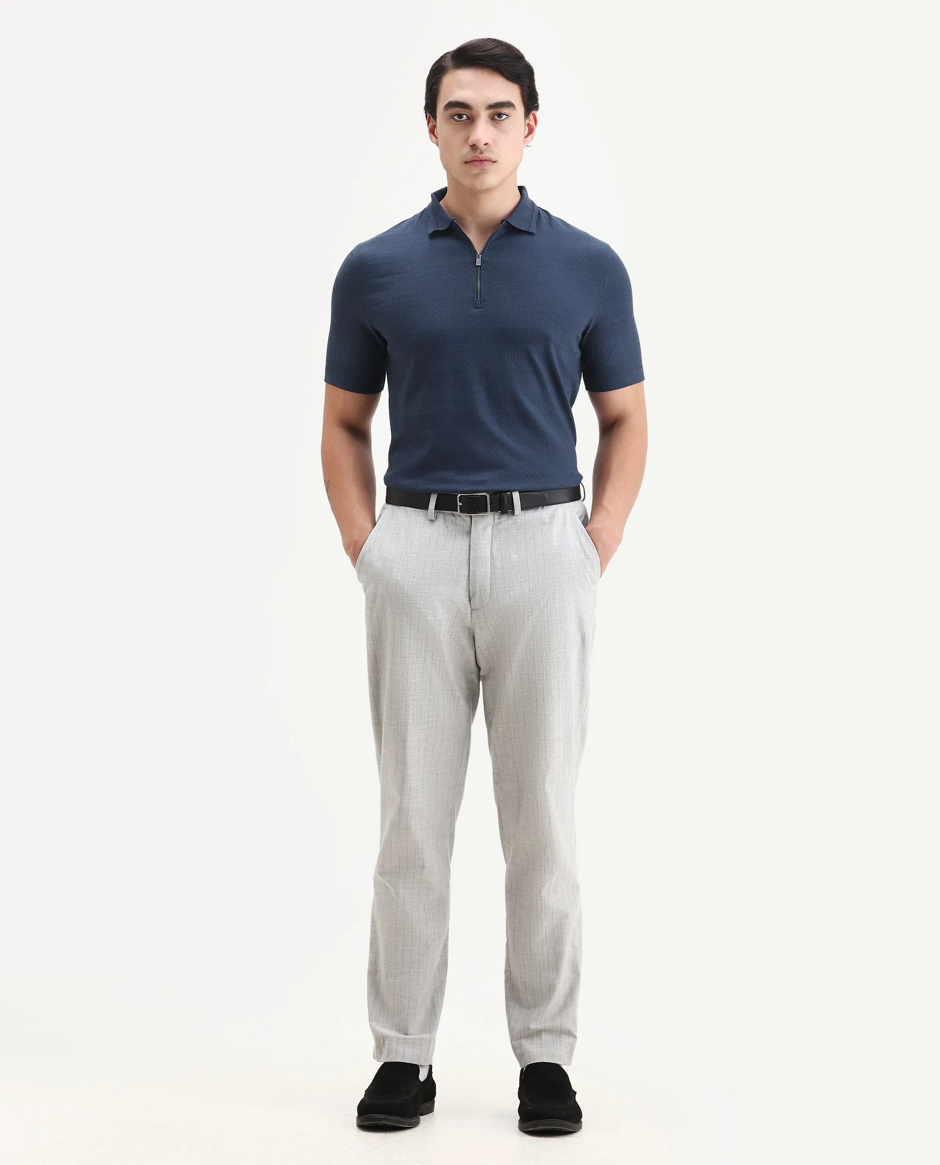 Rare Rabbit Men's Clion Dark Blue Cotton Blend Jacquard Regular Fit Half Sleeve Polo