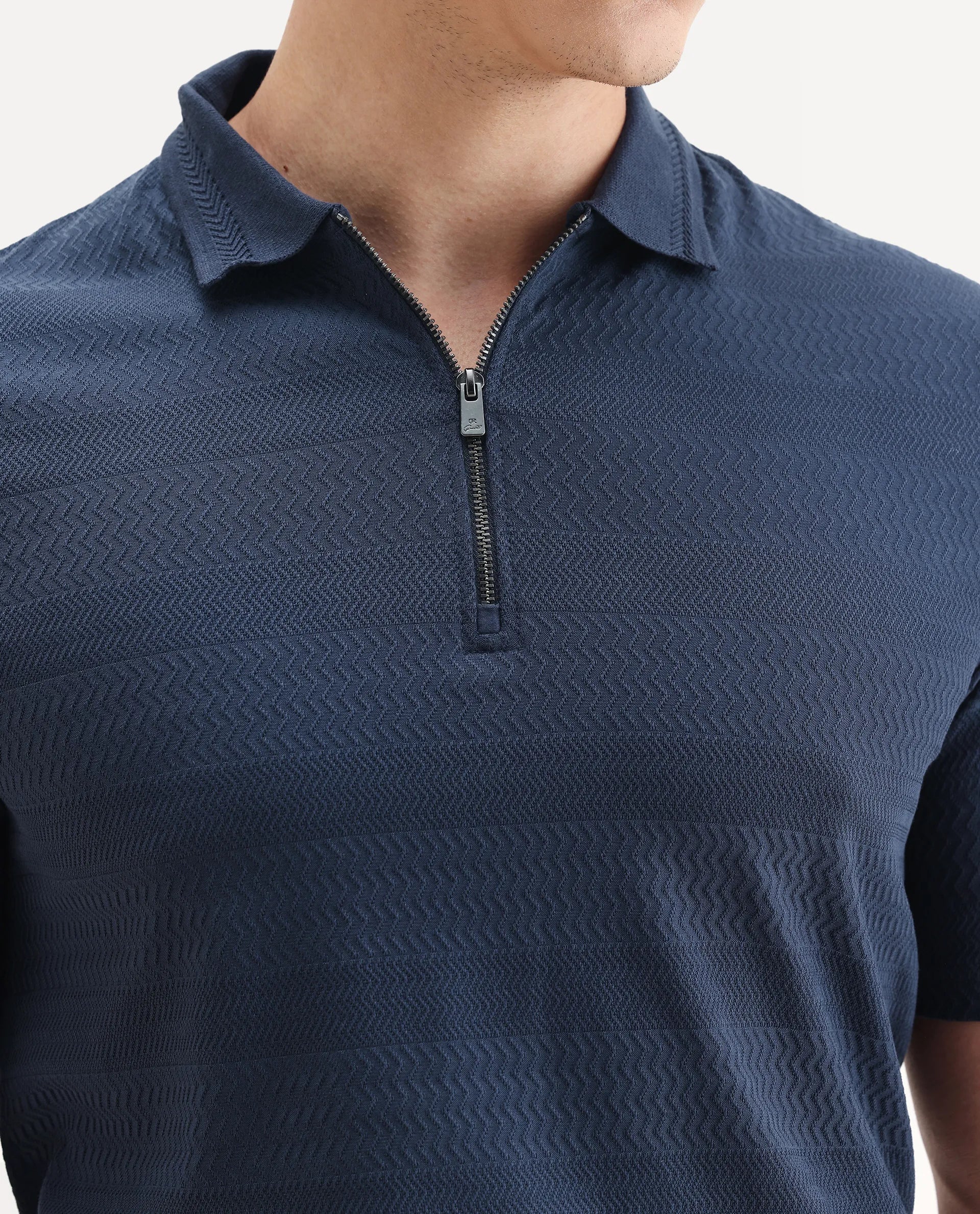 Rare Rabbit Men's Clion Dark Blue Cotton Blend Jacquard Regular Fit Half Sleeve Polo