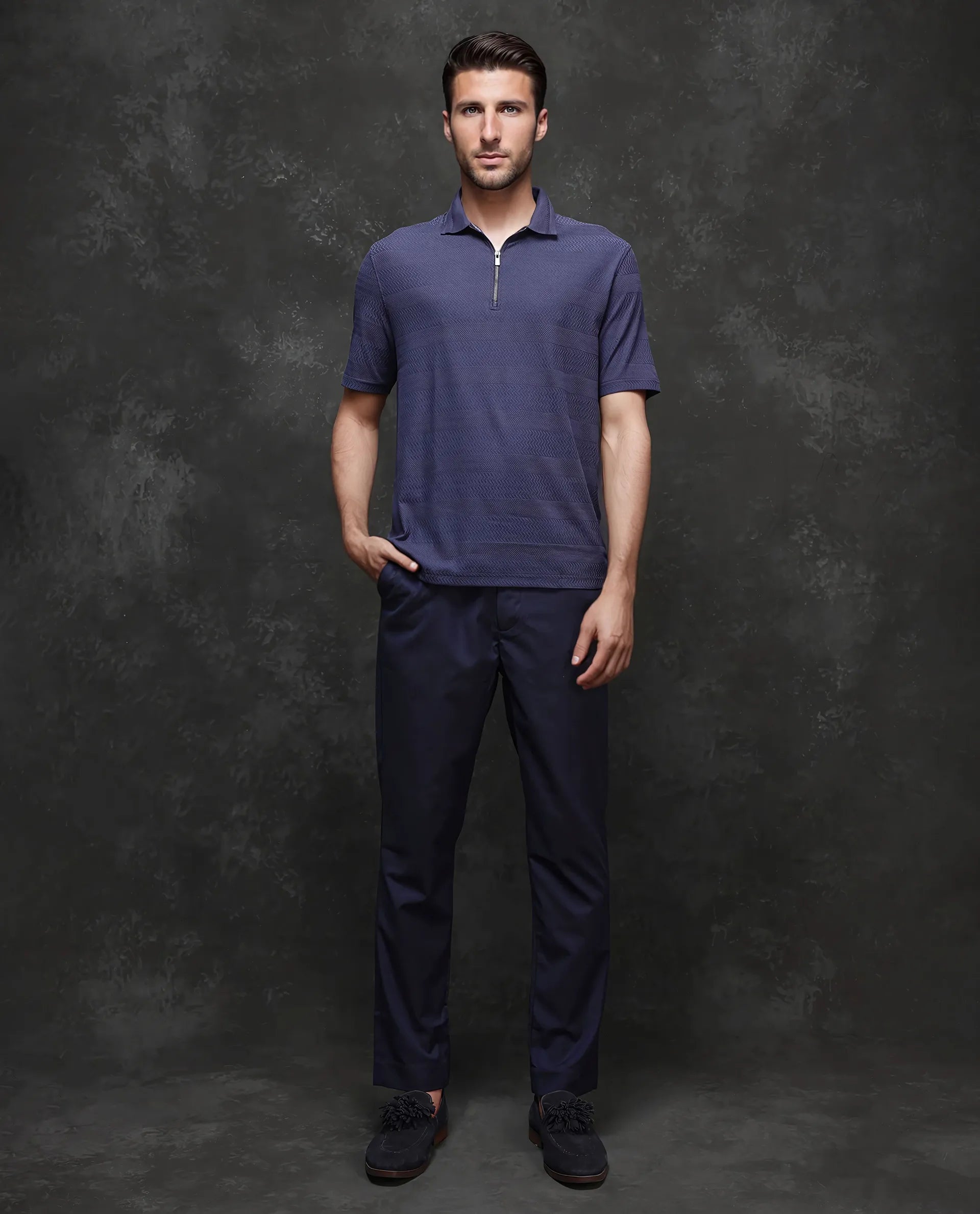 Rare Rabbit Men's Clion-1 Dark Blue Cotton Lycra Fabric Short Sleeve Collared Neck Zipper Closure Jacquard Polo