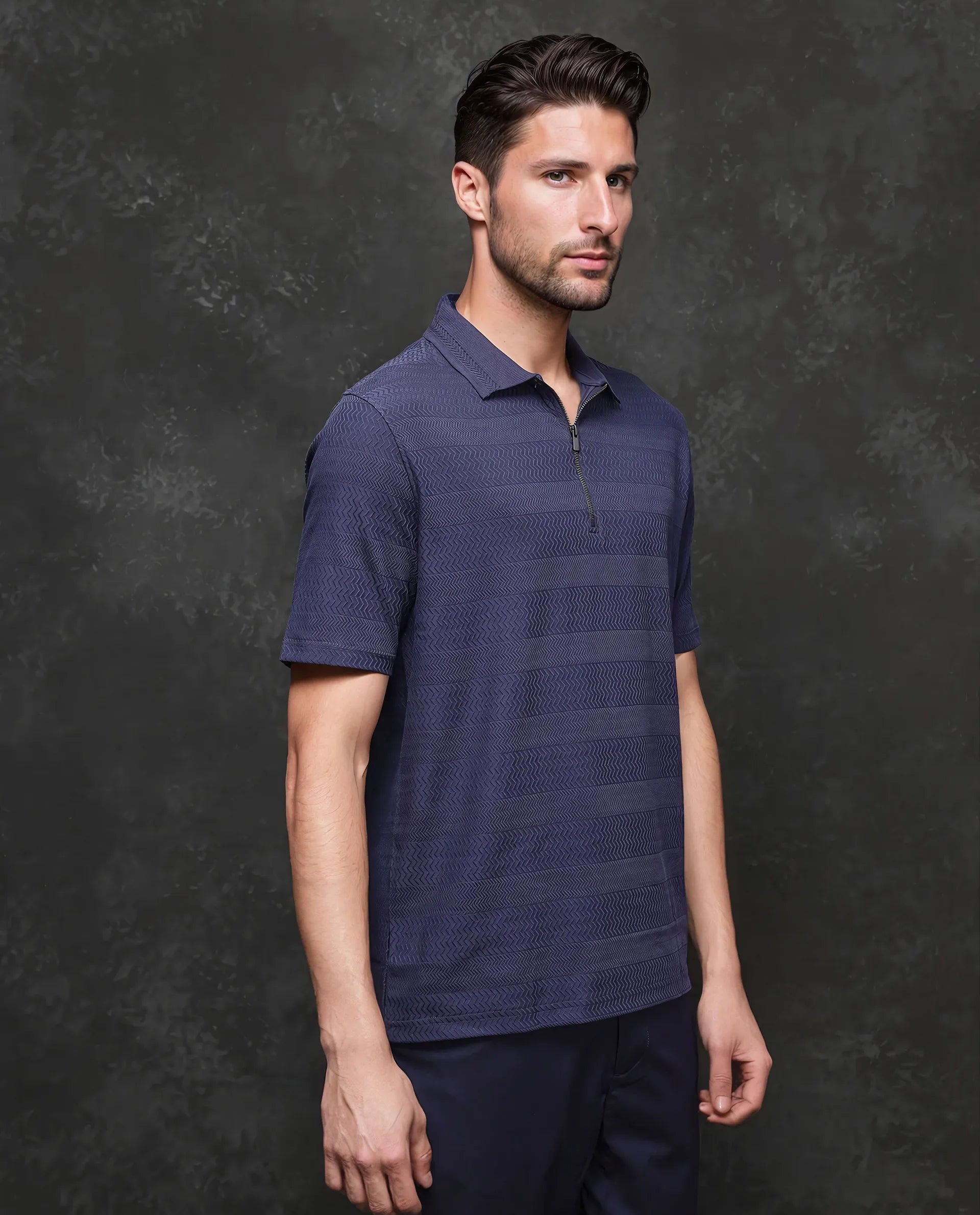 Rare Rabbit Men's Clion-1 Dark Blue Cotton Lycra Fabric Short Sleeve Collared Neck Zipper Closure Jacquard Polo