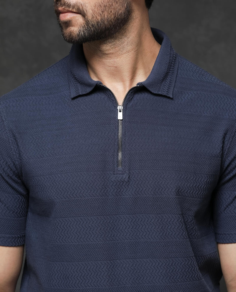 Rare Rabbit Mens Clion Dark Blue Short Sleeve Jacquard Polo T-Shirt