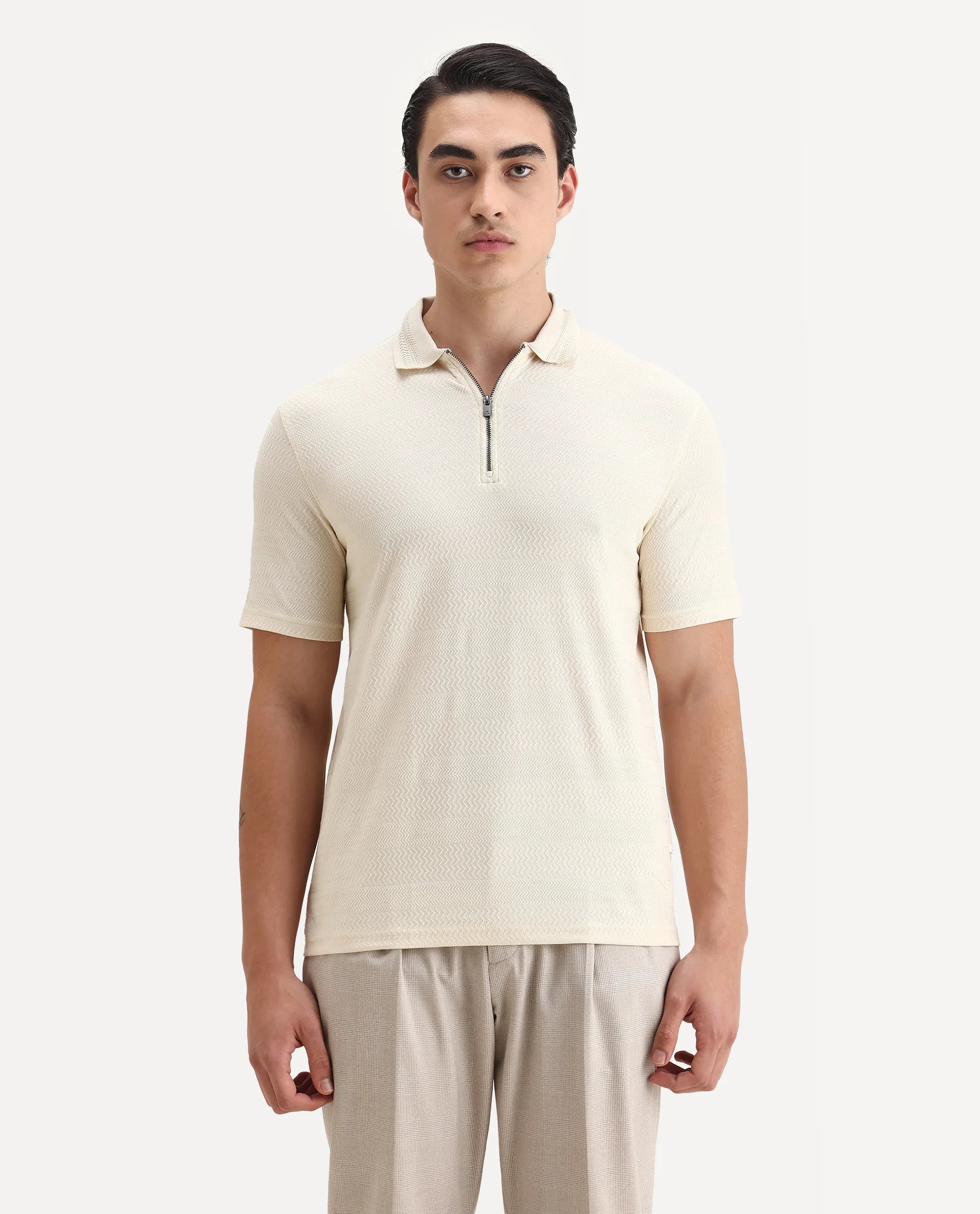 Rare Rabbit Men's Clion Beige Cotton Blend Jacquard Regular Fit Half Sleeve Polo