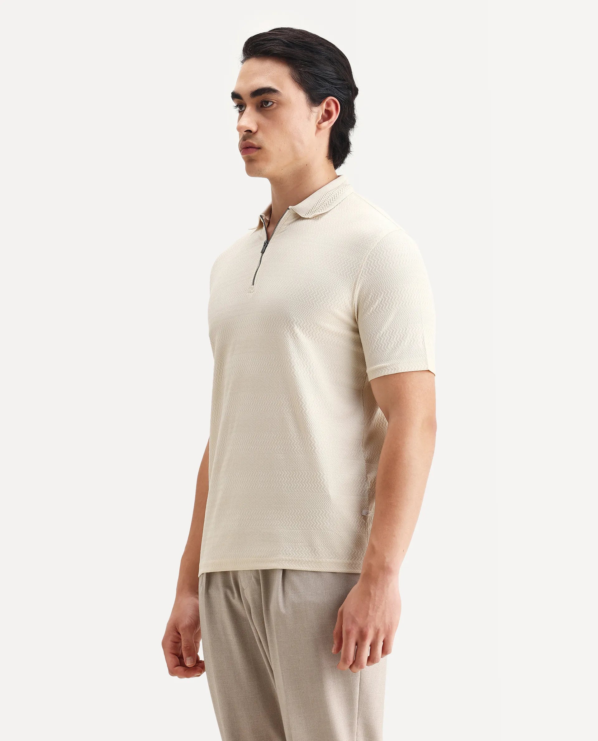 Rare Rabbit Men's Clion Beige Cotton Blend Jacquard Regular Fit Half Sleeve Polo