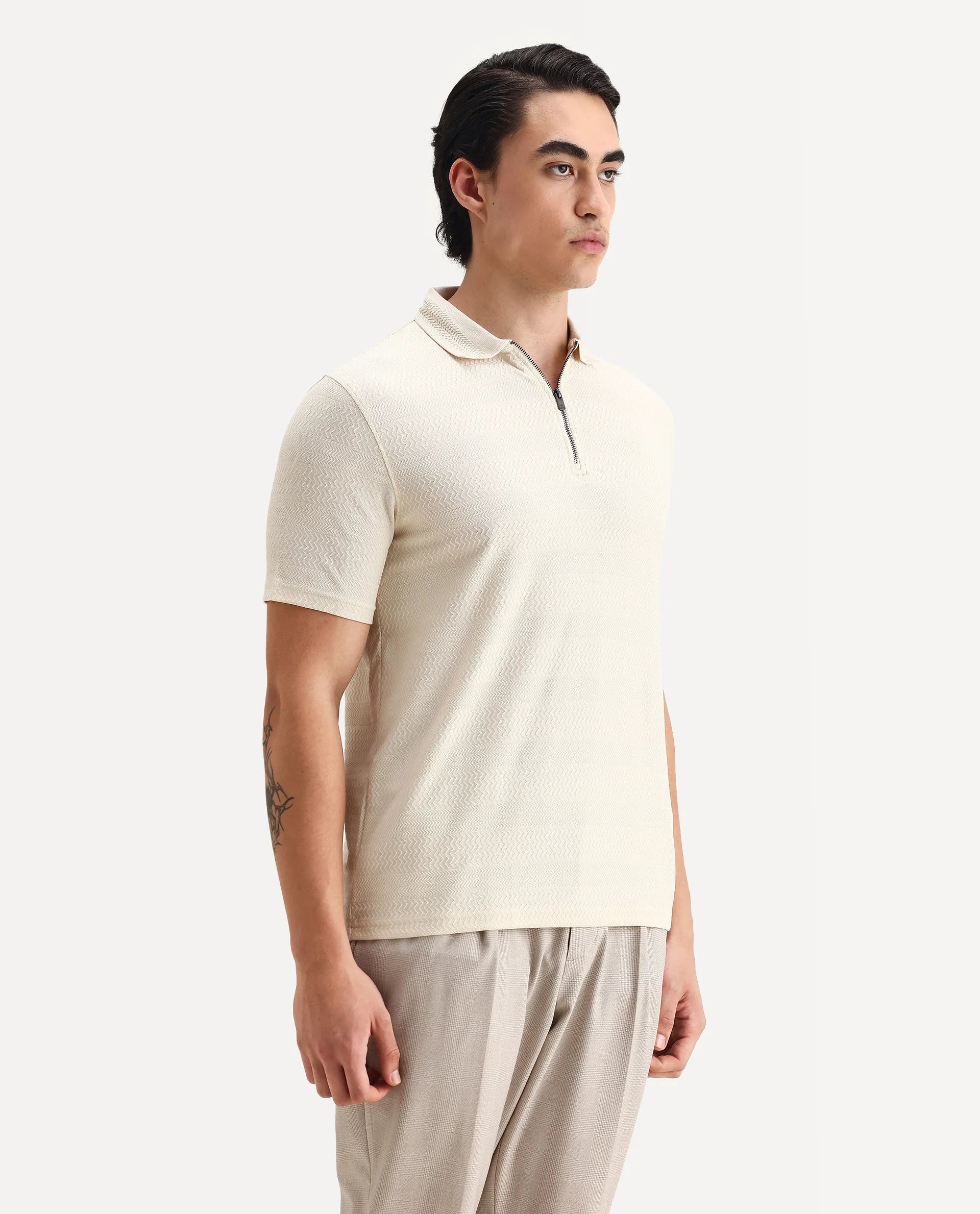 Rare Rabbit Men's Clion Beige Cotton Blend Jacquard Regular Fit Half Sleeve Polo