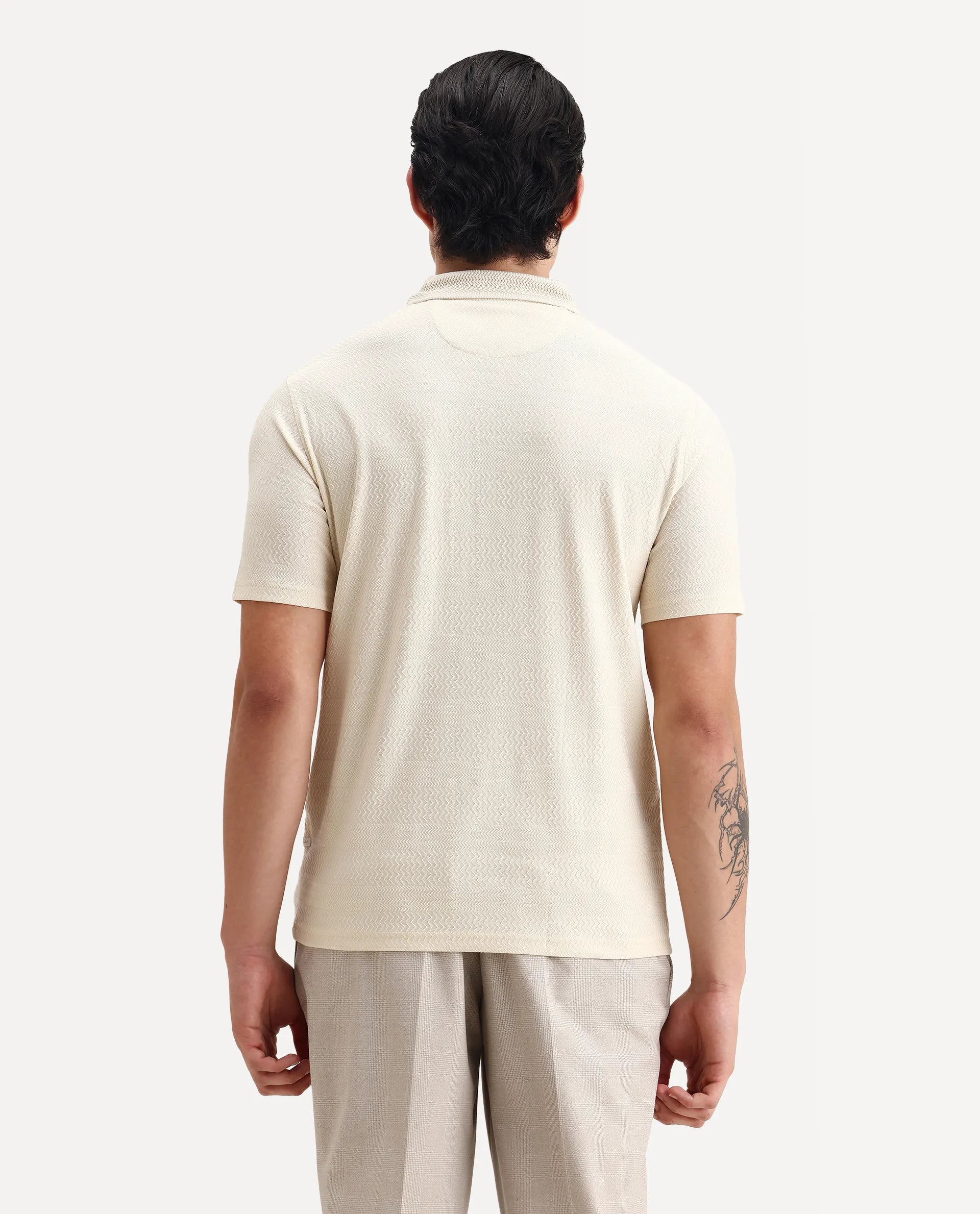 Rare Rabbit Men's Clion Beige Cotton Blend Jacquard Regular Fit Half Sleeve Polo