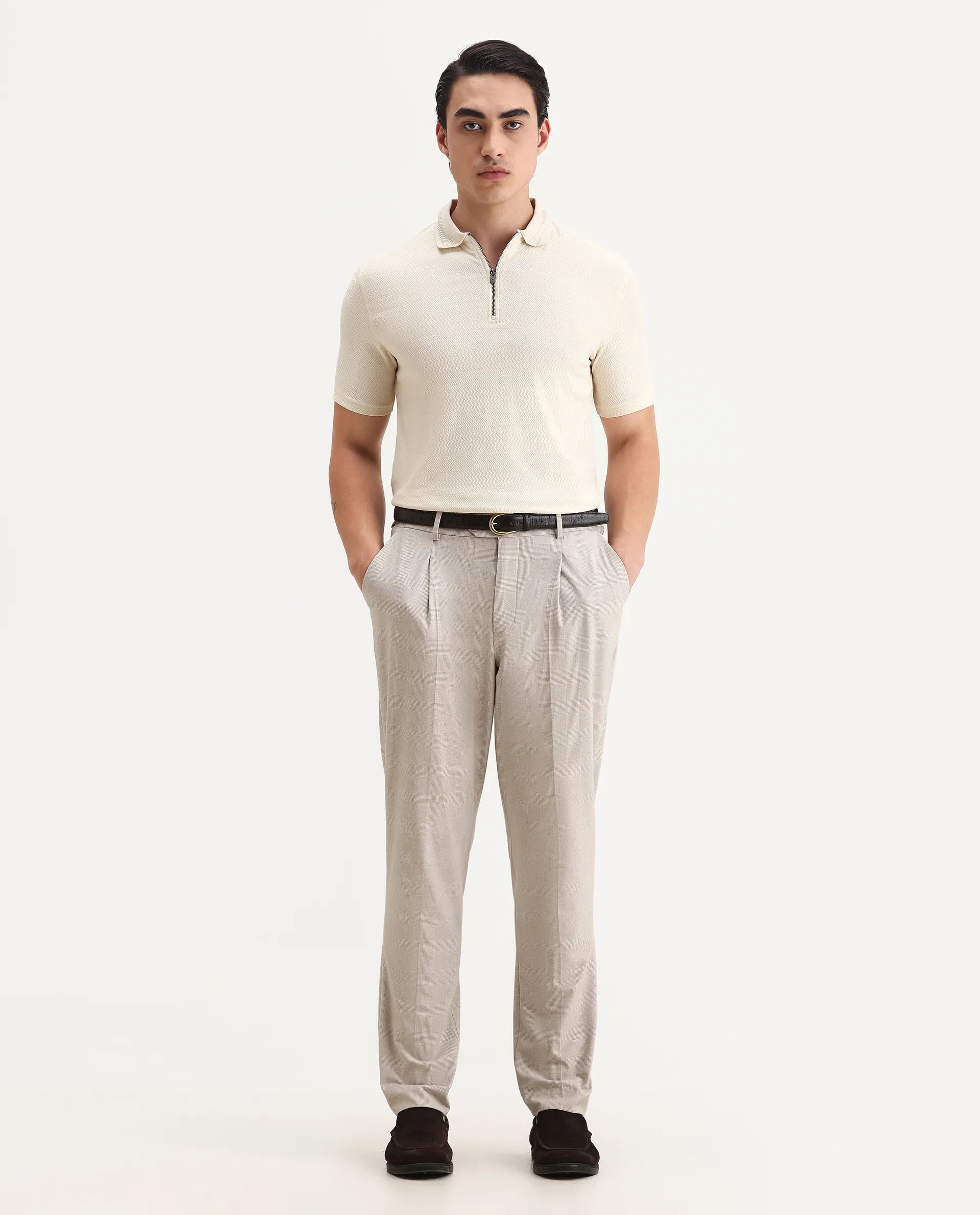 Rare Rabbit Men's Clion Beige Cotton Blend Jacquard Regular Fit Half Sleeve Polo