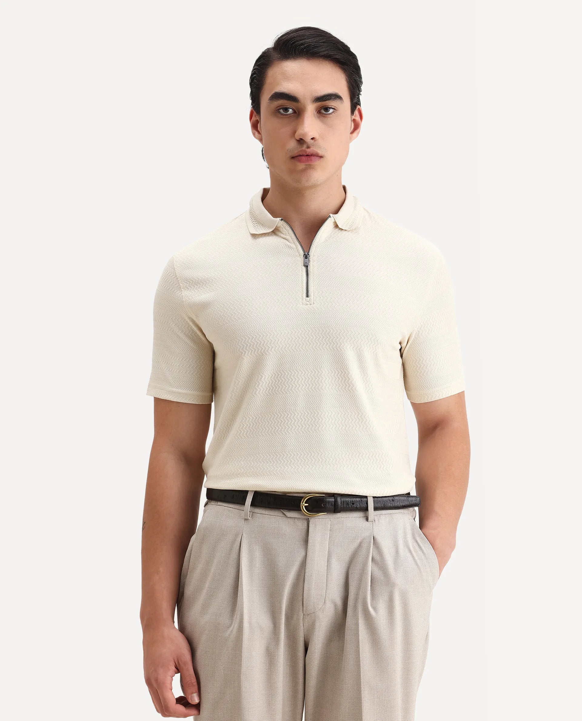 Rare Rabbit Men's Clion Beige Cotton Blend Jacquard Regular Fit Half Sleeve Polo
