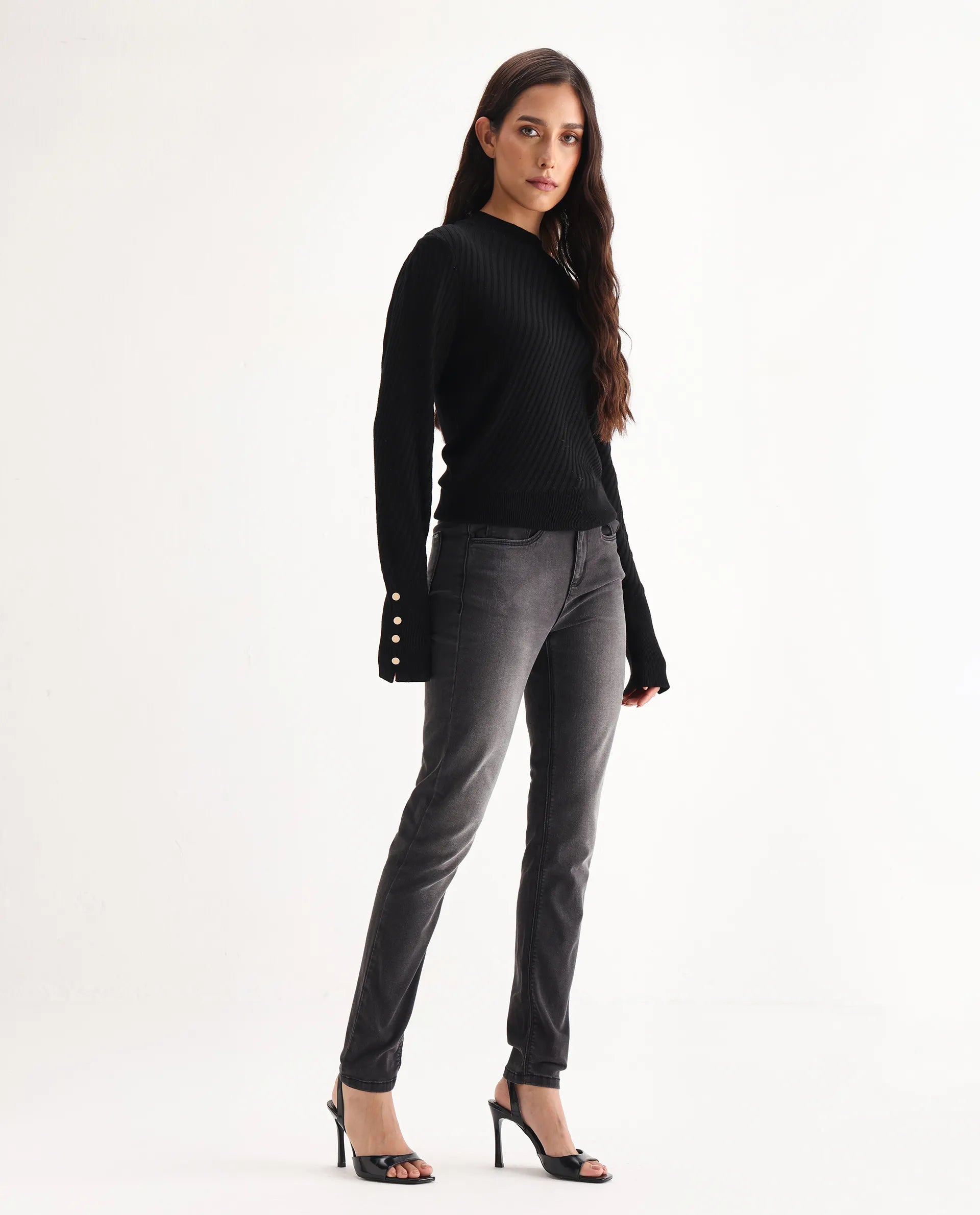 Rareism Women's Clipper Grey Cotton Blend Plain Ankle Length Slim Fit Jeans