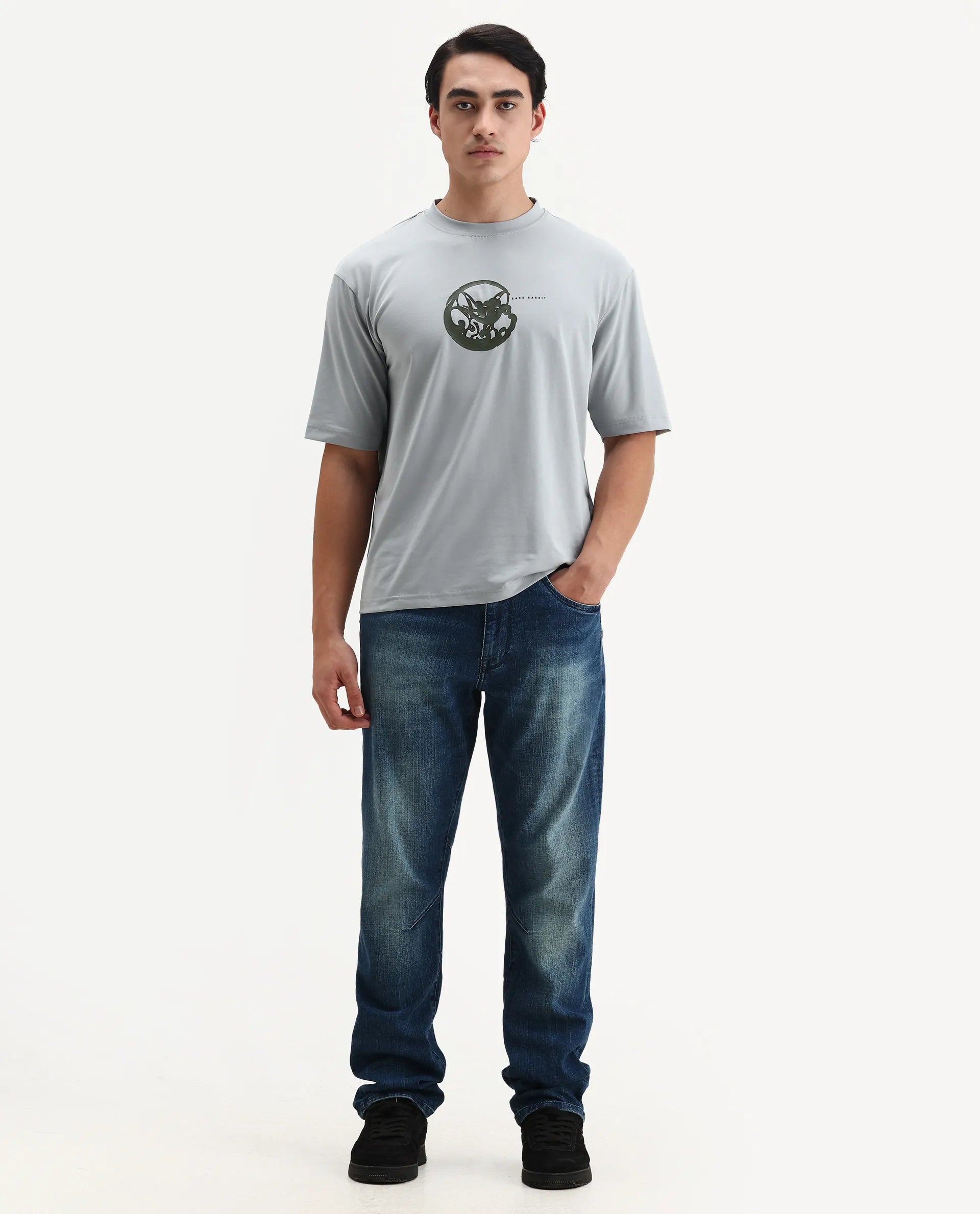 Rare Rabbit Men's Clod Light Grey Cotton Graphic Print Qlo Fit Half Sleeve Crew Neck T-Shirt