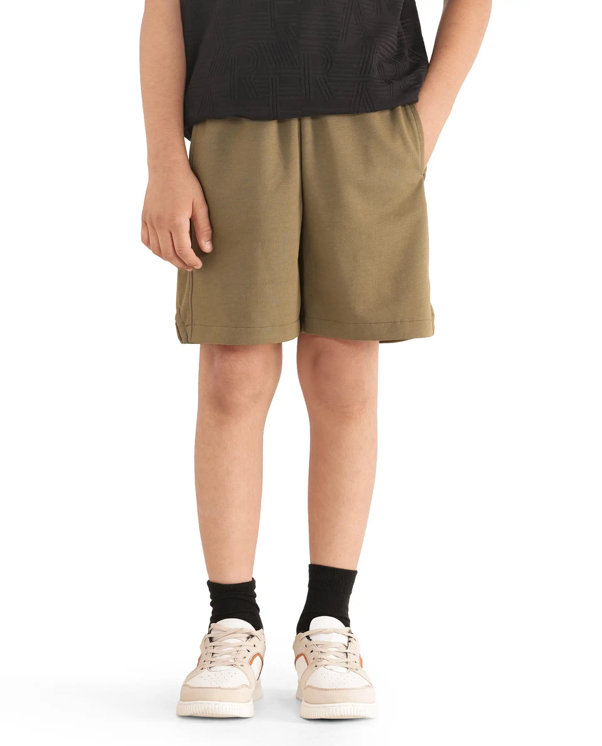 Rare Ones Kids Clon Olive Cotton Drawstring Closure Regular Solid Shorts