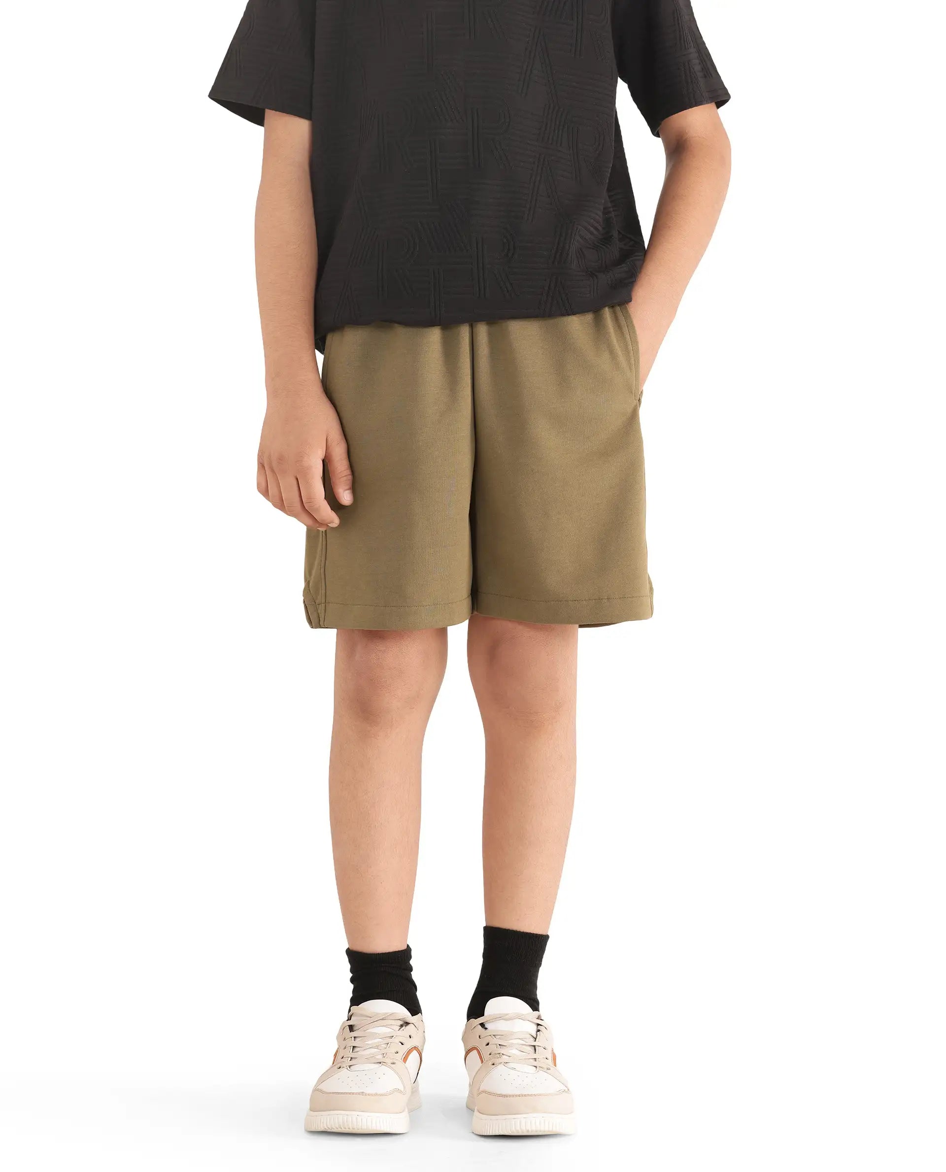 Rare Ones Kids Clon Olive Cotton Drawstring Closure Regular Solid Shorts
