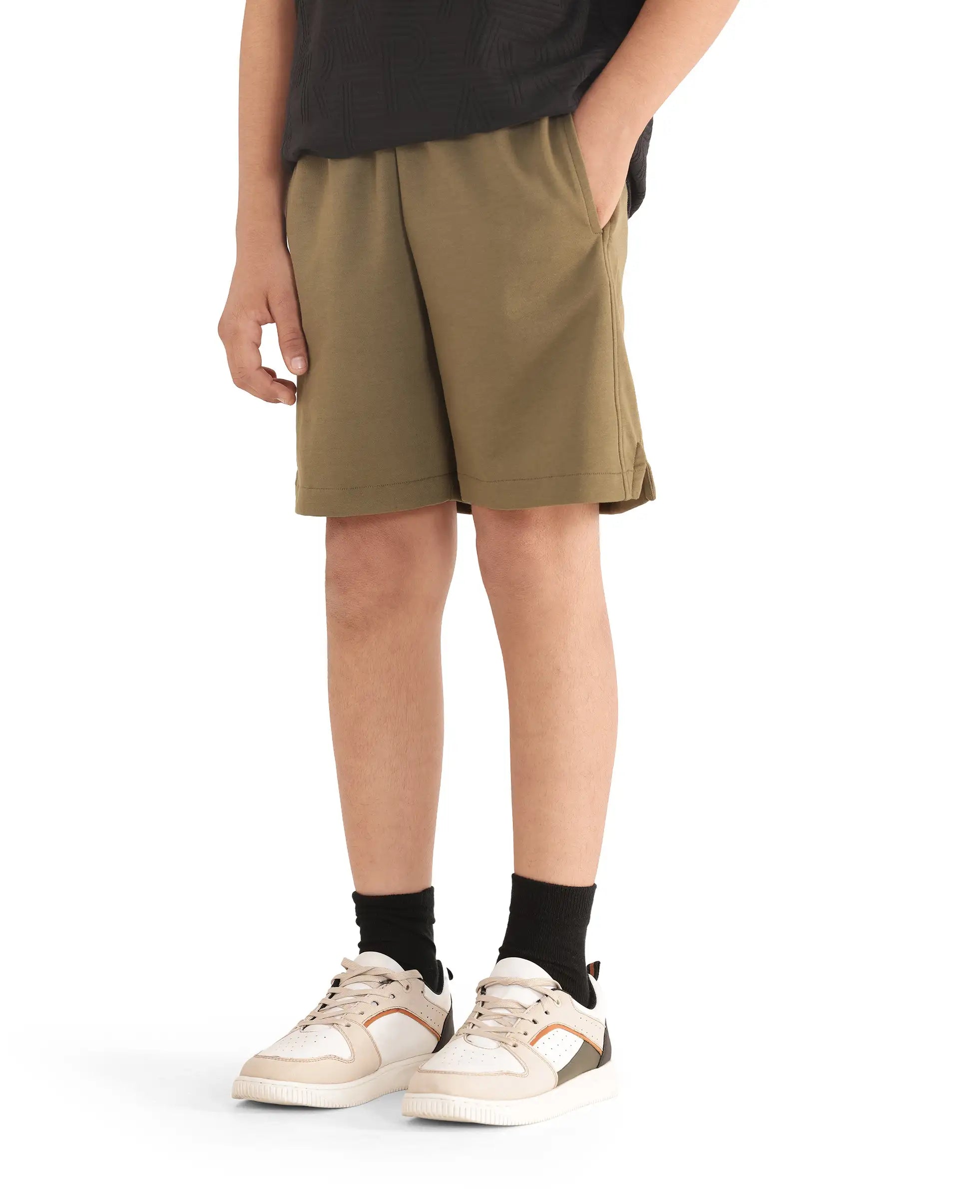 Rare Ones Kids Clon Olive Cotton Drawstring Closure Regular Solid Shorts