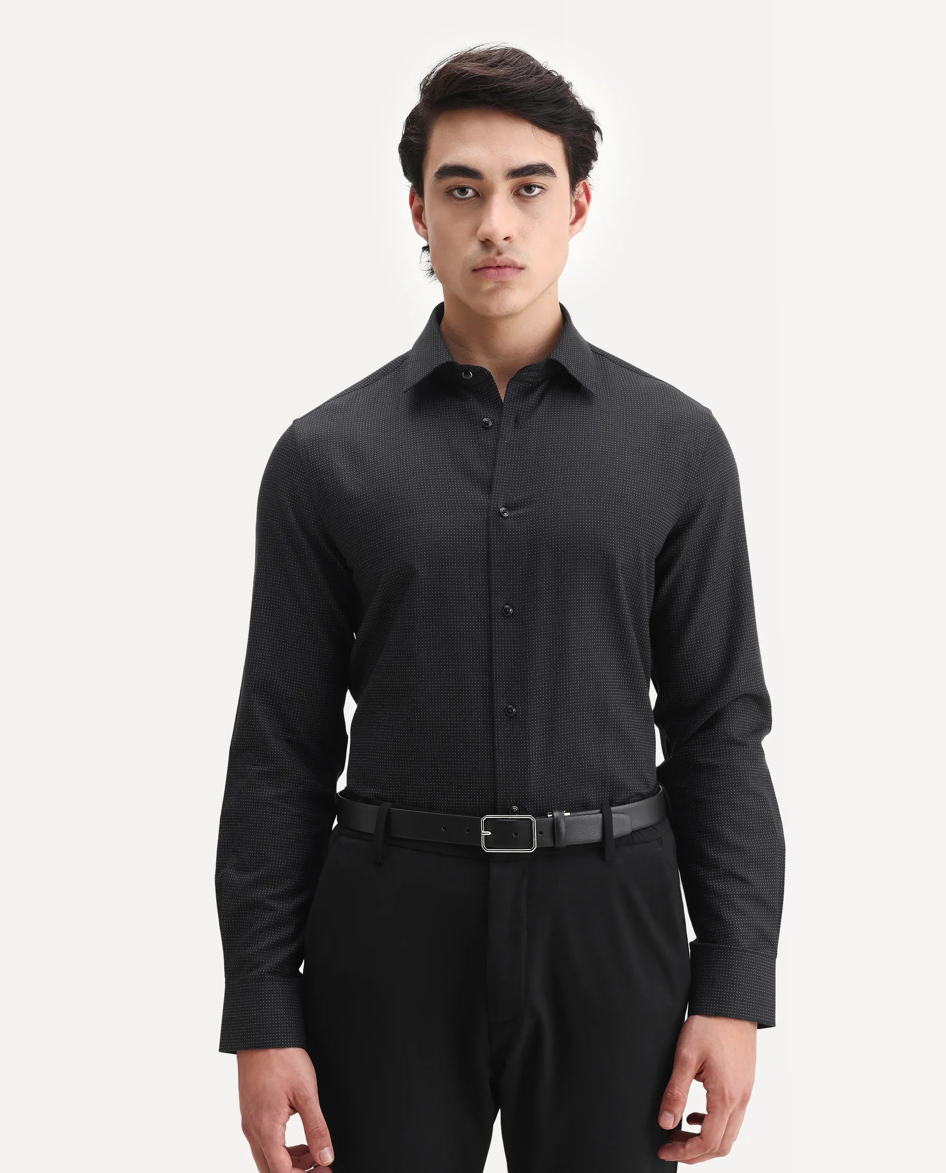 Rare Rabbit Men's Clor Black Cotton Spread Collar Regular Fit Polka Print Shirt