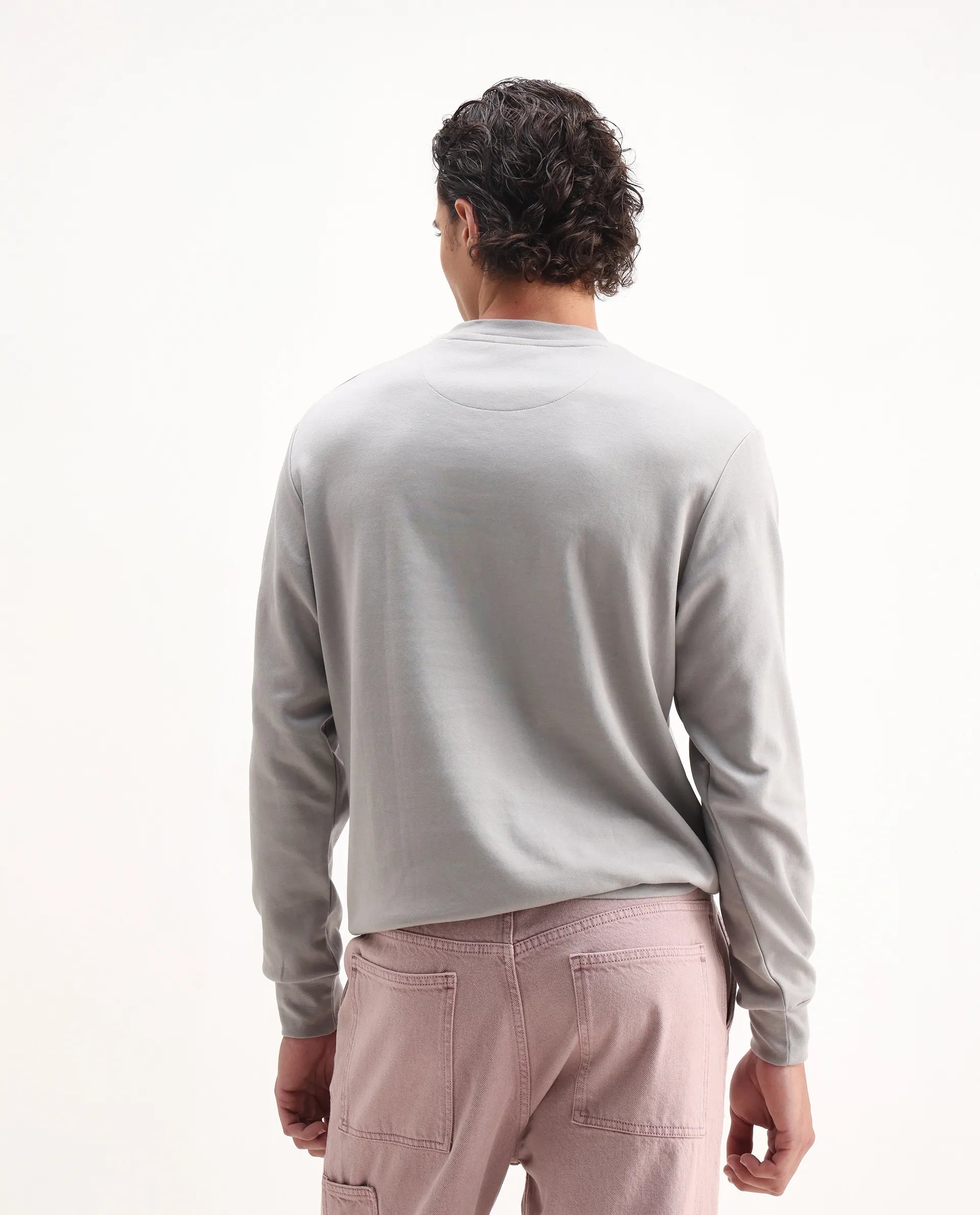 Rare Rabbit Men's Clos Light Grey Cotton Embroidered Regular Fit Full Sleeve Crew Neck Sweatshirt