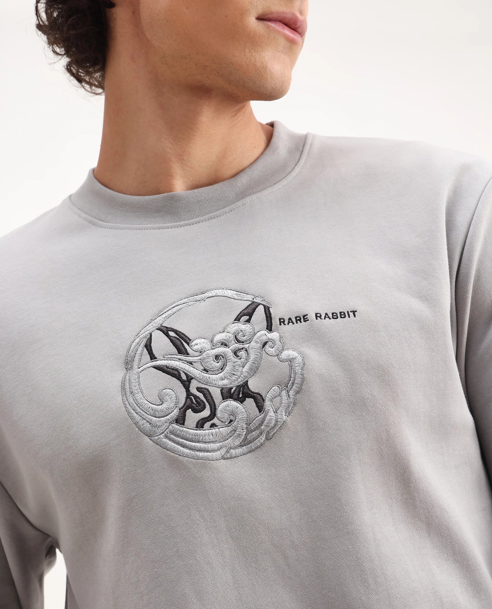 Rare Rabbit Men's Clos Light Grey Cotton Embroidered Regular Fit Full Sleeve Crew Neck Sweatshirt