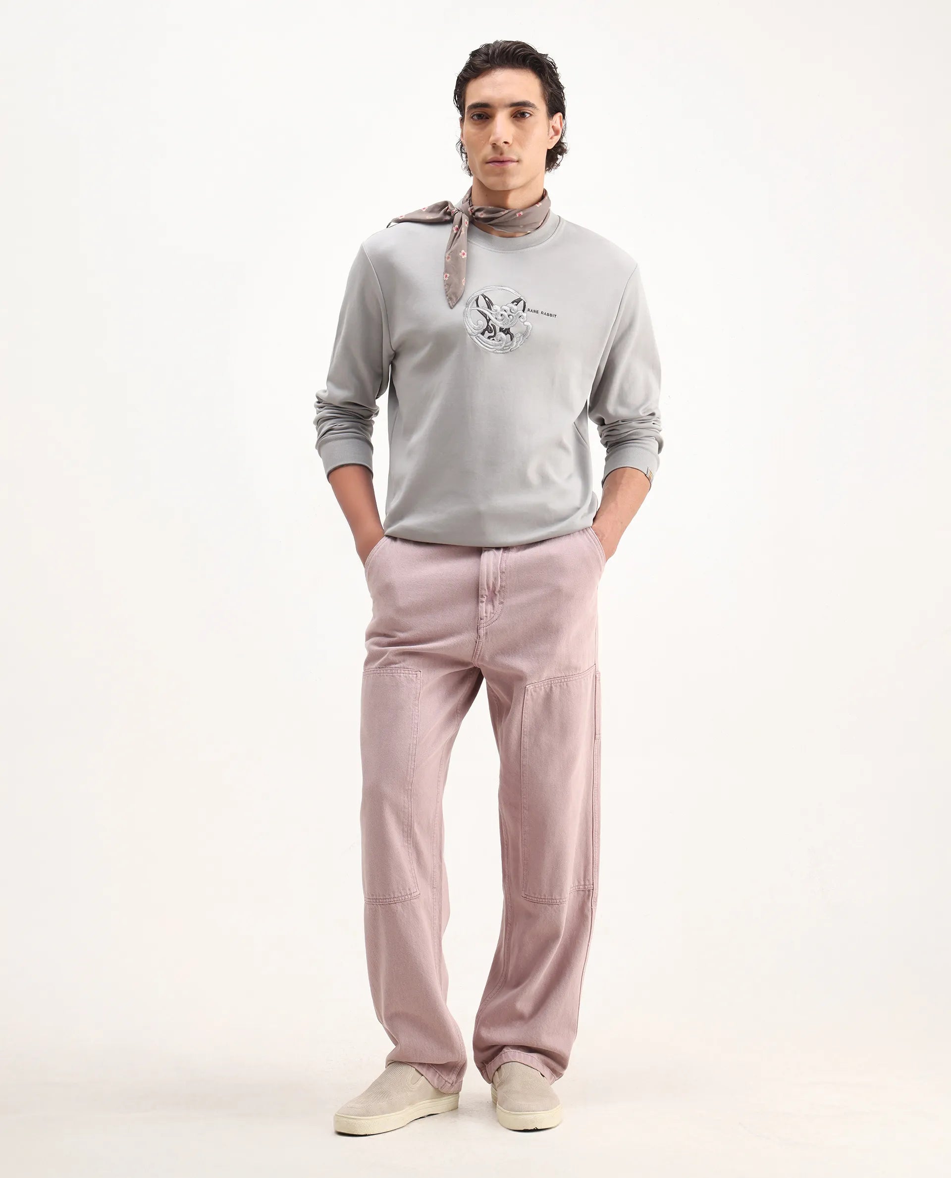 Rare Rabbit Men's Clos Light Grey Cotton Embroidered Regular Fit Full Sleeve Crew Neck Sweatshirt