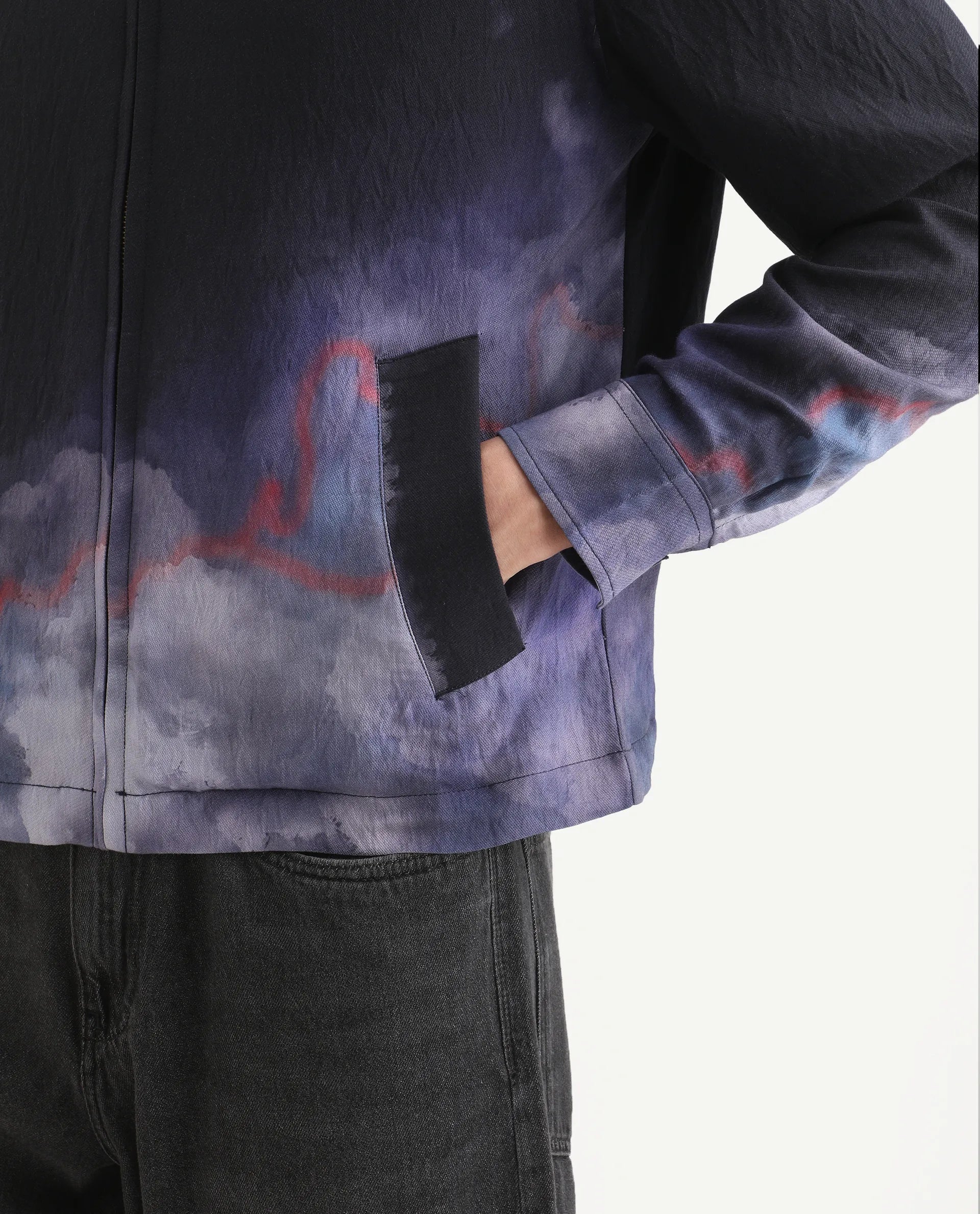 Rare Rabbit Men's Cloudy Navy Viscose Blend Fabric Spread Collar Regular Fit Ombre Print Jacket