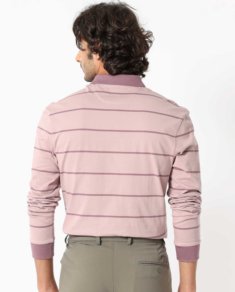 Rare Rabbit Men's Clove Dusky Pink Cotton Fabric Collared Neck Full Sleeves Striped Polo T-Shirt