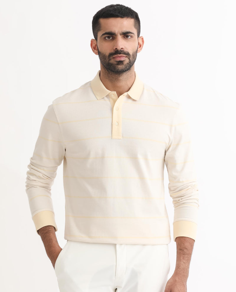 Rare Rabbit Men's Clove Off White Cotton Fabric Collared Neck Full Sleeves Striped Polo T-Shirt