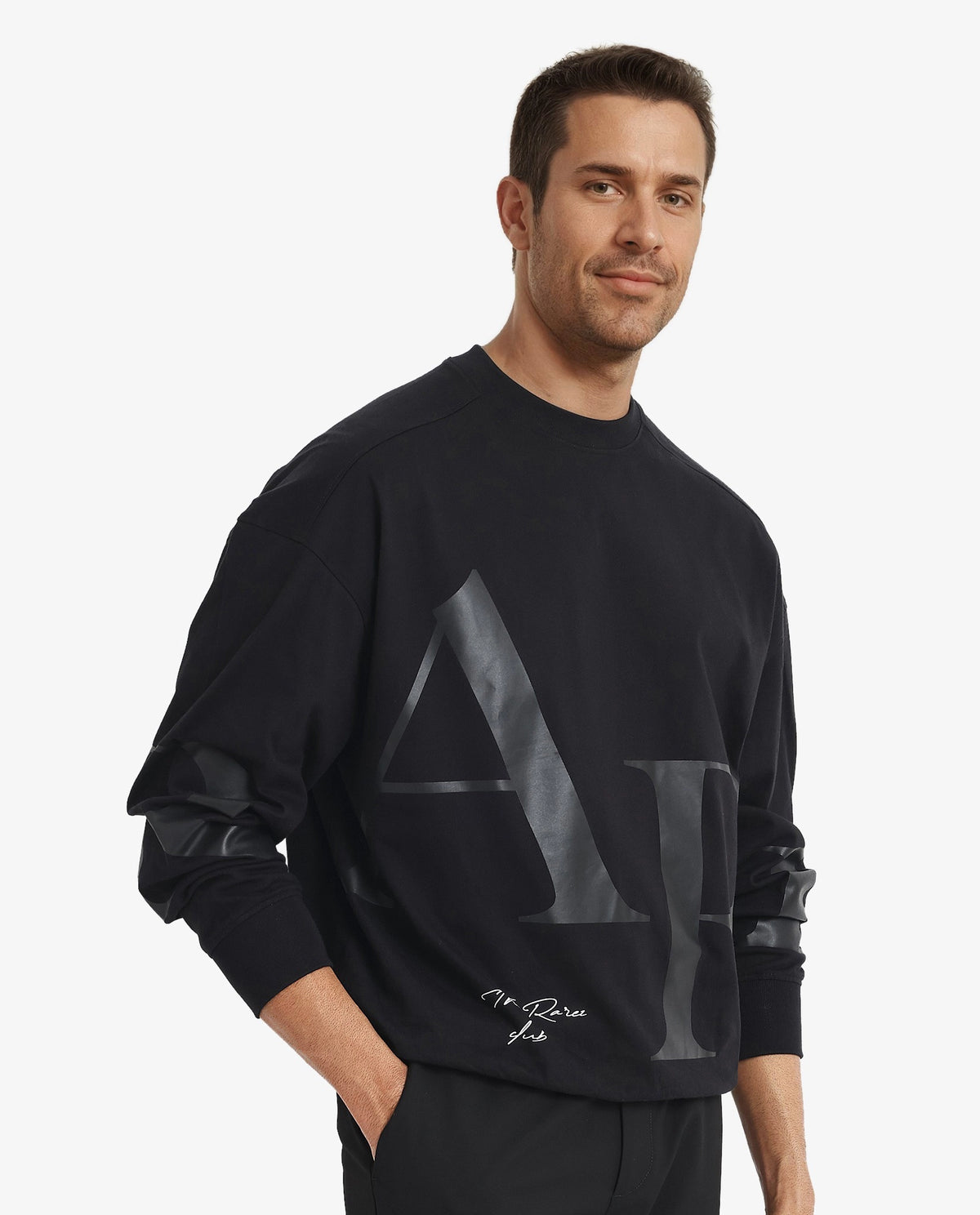 Rare Rabbit Men Cloven Black Full Sleeve Crew Neck Boxy Fit Overall Printed Sweatshirt