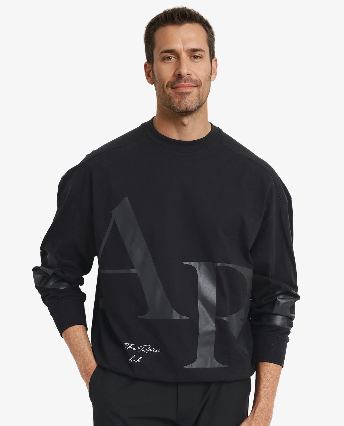 Rare Rabbit Men Cloven Black Full Sleeve Crew Neck Boxy Fit Overall Printed Sweatshirt