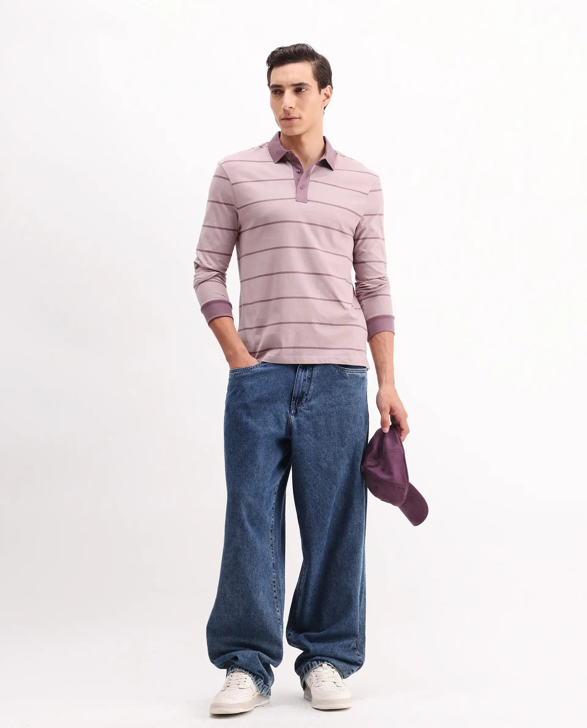 Rare Rabbit Men's Clove Dusky Pink Cotton Striped Print Regular Fit Full Sleeve Polo