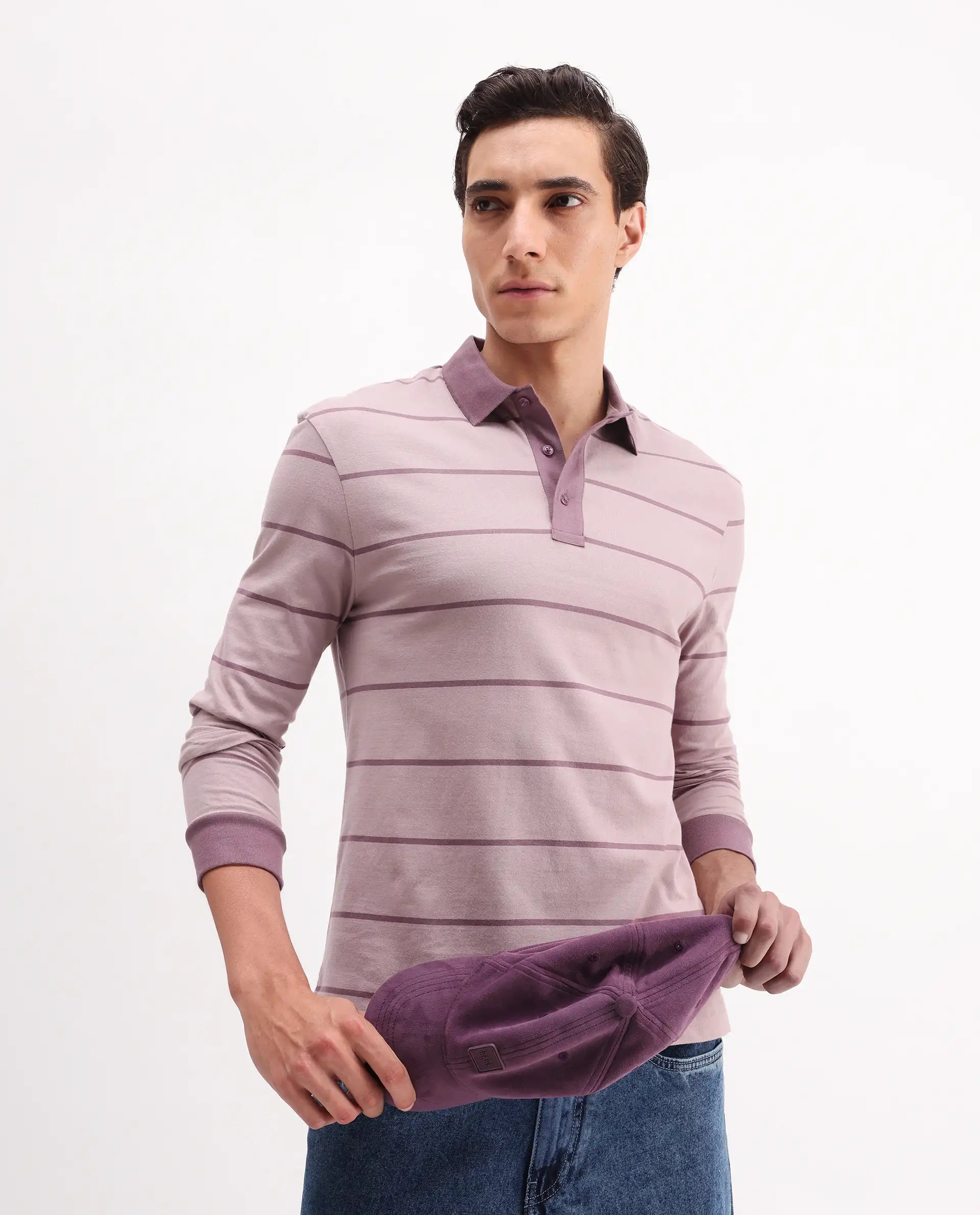 Rare Rabbit Men's Clove Dusky Pink Cotton Striped Print Regular Fit Full Sleeve Polo