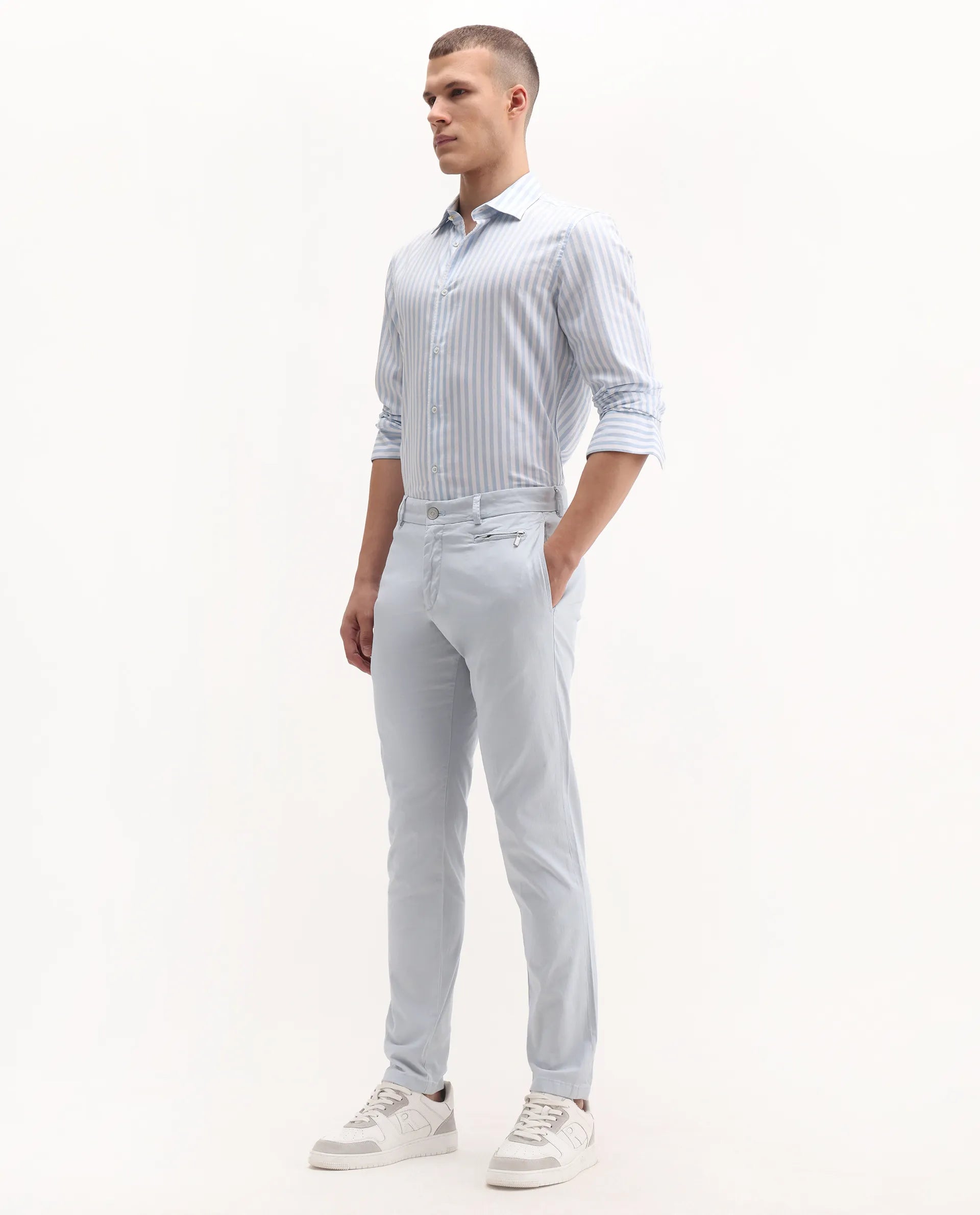 Rare Rabbit Men's Clovet Light Blue Cotton Plain Regular Fit Trouser