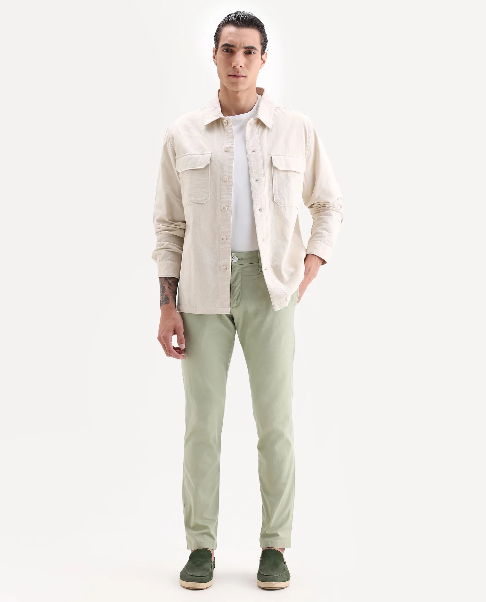 Rare Rabbit Men's Clovet Pastel Green Cotton Plain Regular Fit Trouser
