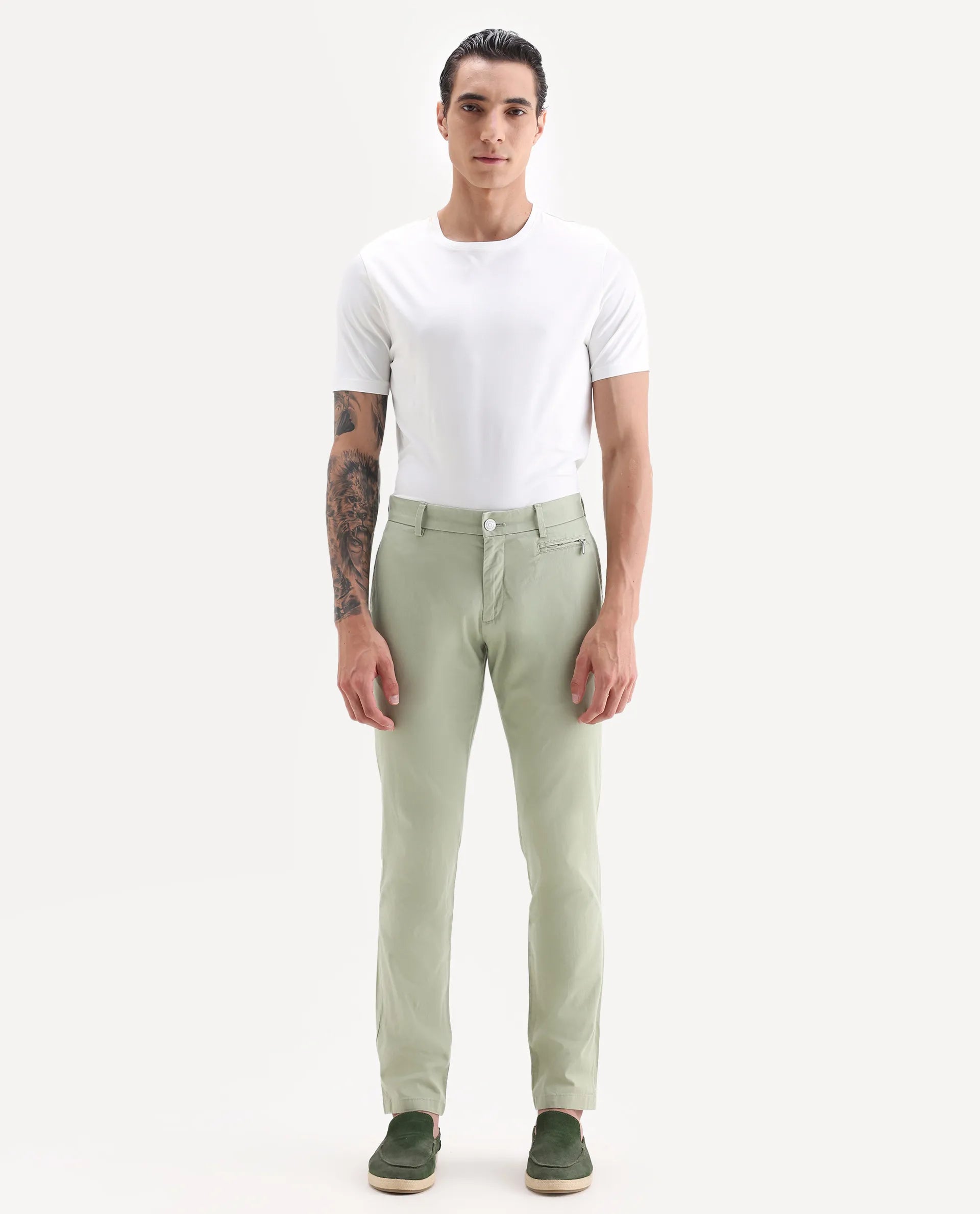 Rare Rabbit Men's Clovet Pastel Green Cotton Plain Regular Fit Trouser