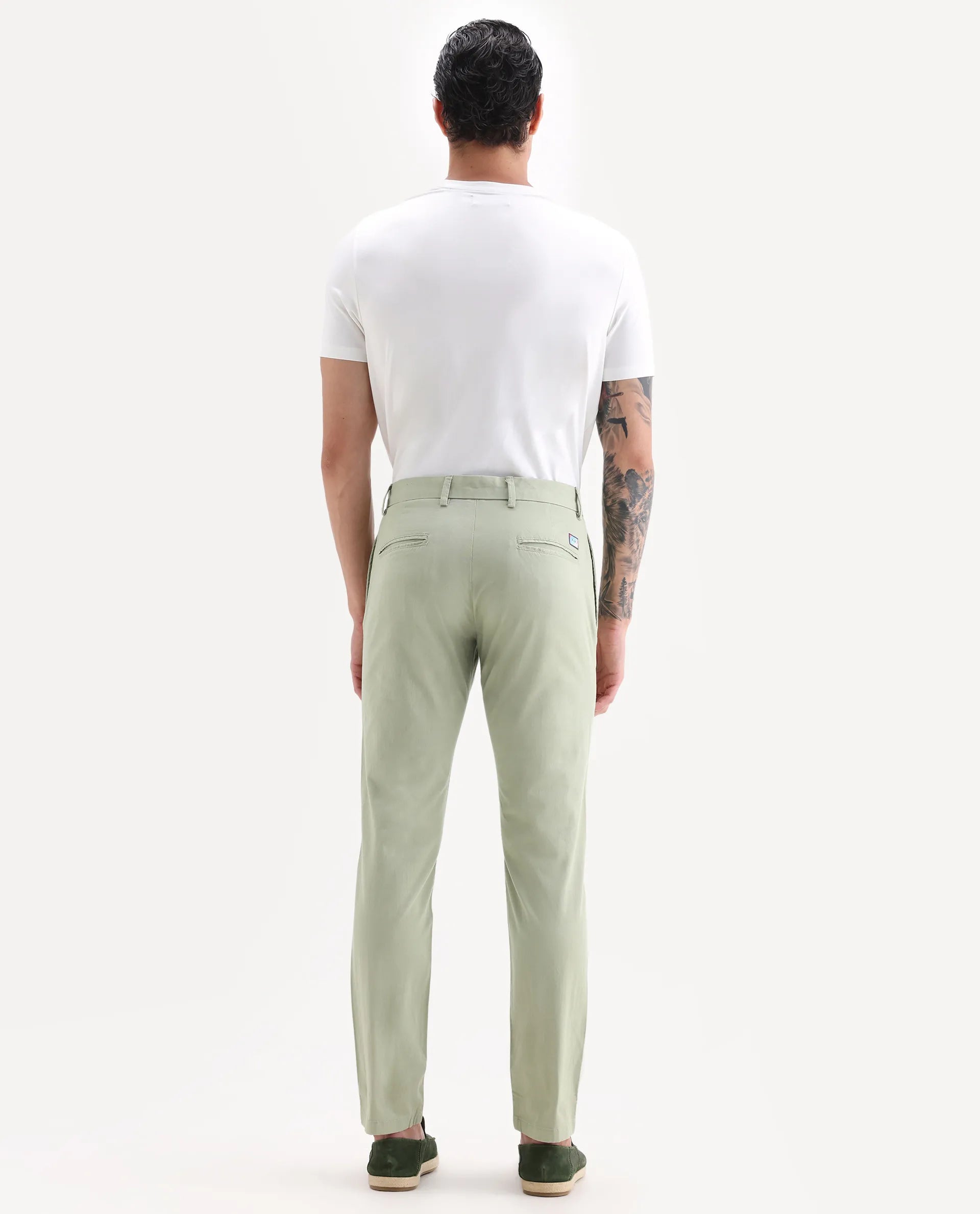 Rare Rabbit Men's Clovet Pastel Green Cotton Plain Regular Fit Trouser