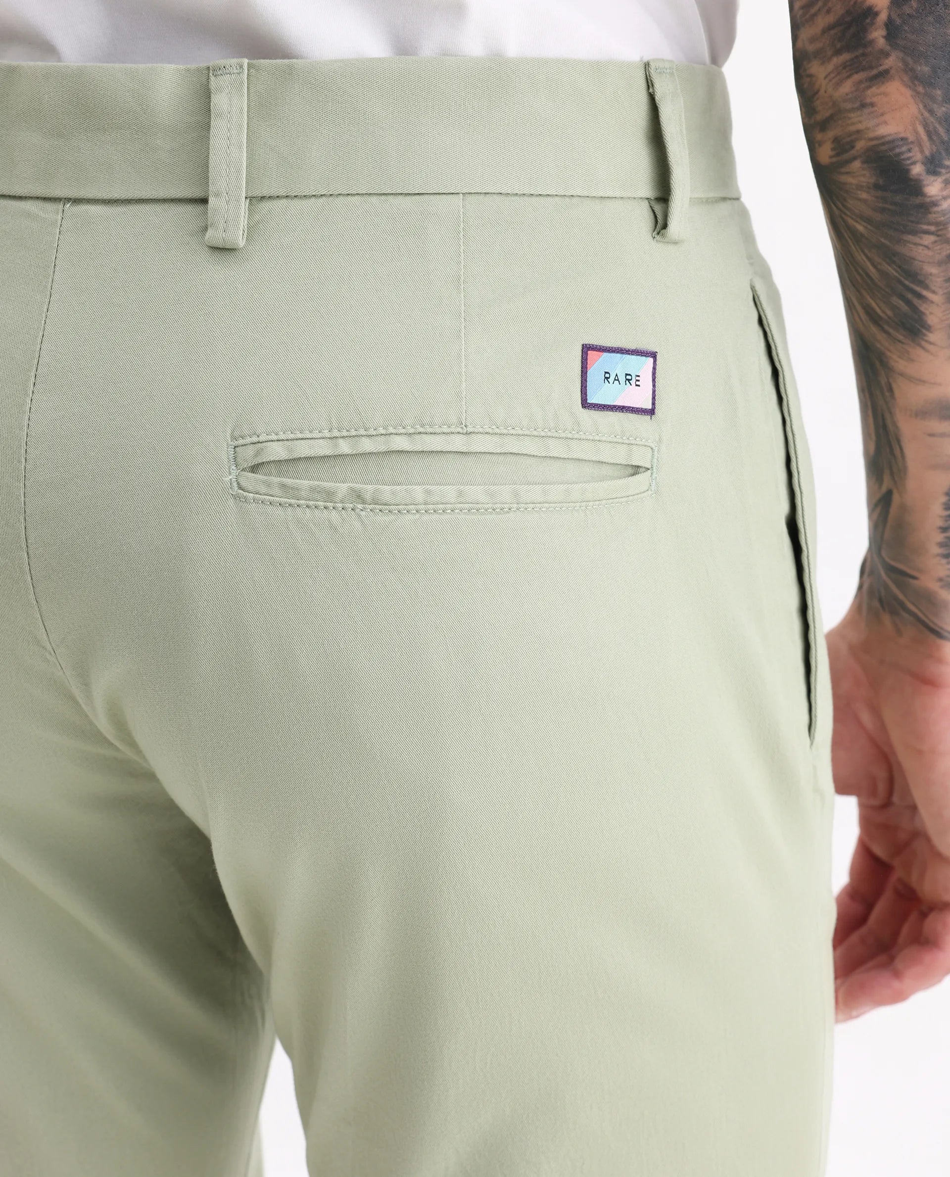 Rare Rabbit Men's Clovet Pastel Green Cotton Plain Regular Fit Trouser