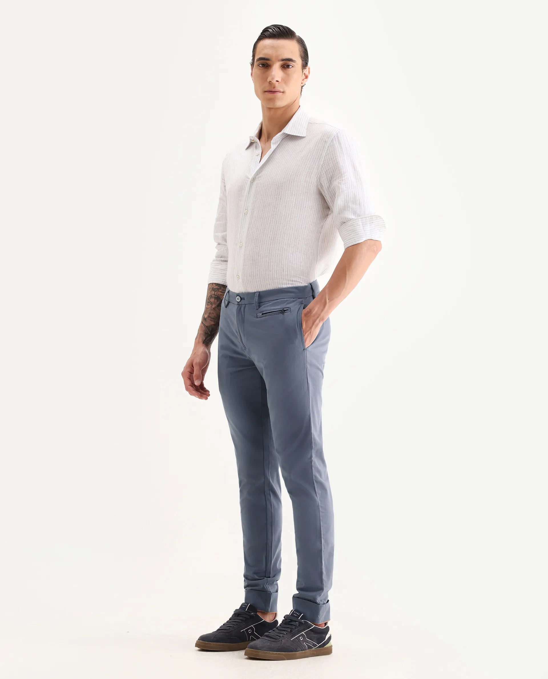 Rare Rabbit Men's Clovey Grey Cotton Plain Slim Fit Trouser