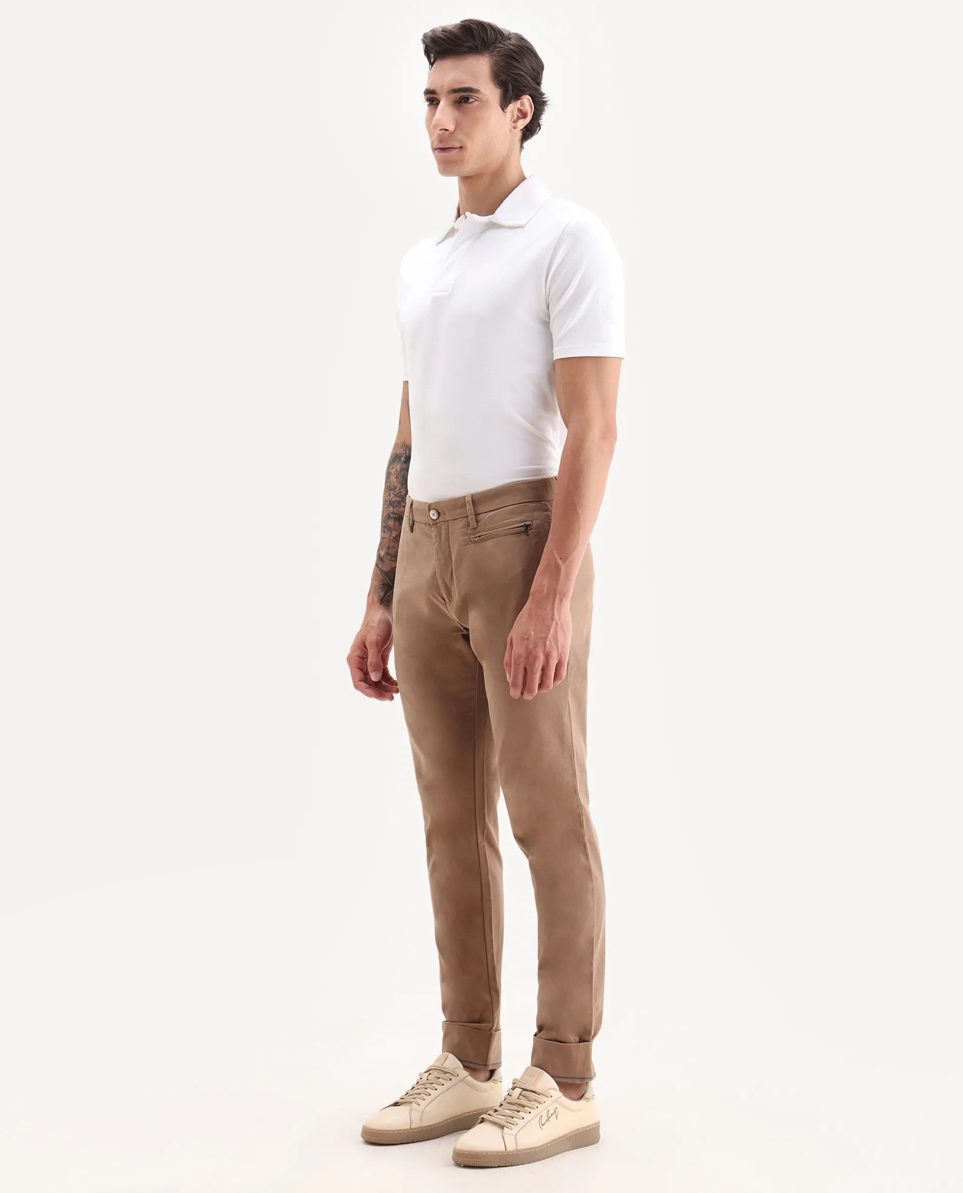 Rare Rabbit Men's Clovey Dark Peach Cotton Plain Regular Fit Trouser