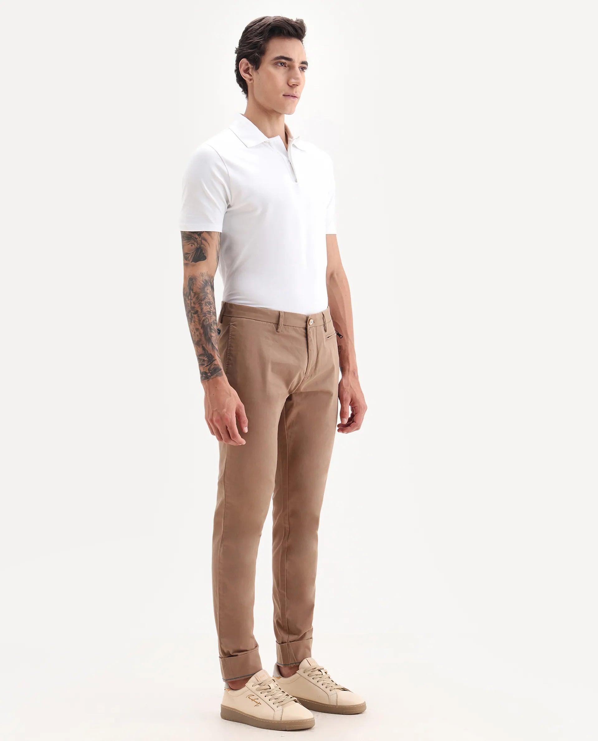 Rare Rabbit Men's Clovey Dark Peach Cotton Plain Regular Fit Trouser