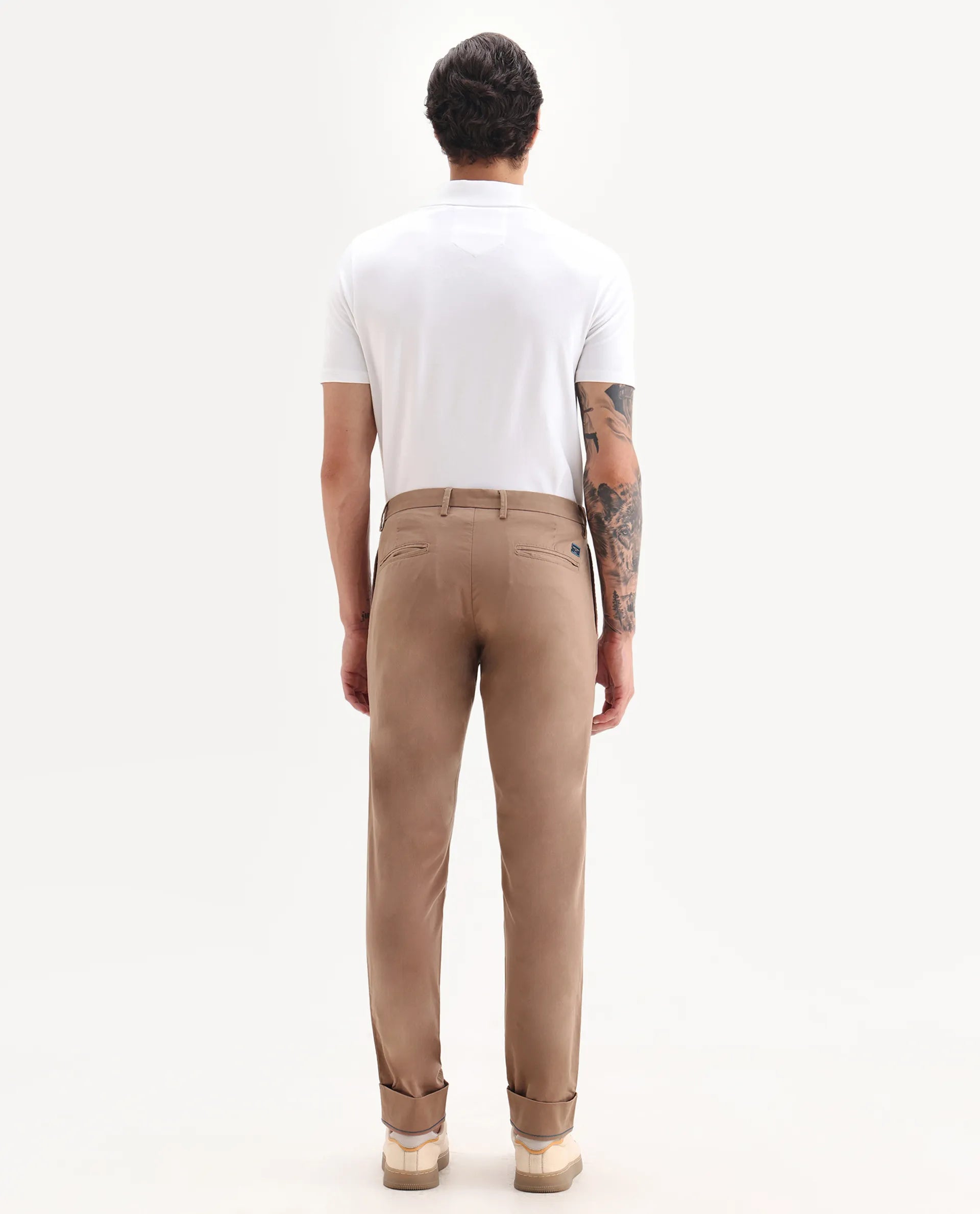 Rare Rabbit Men's Clovey Dark Peach Cotton Plain Regular Fit Trouser
