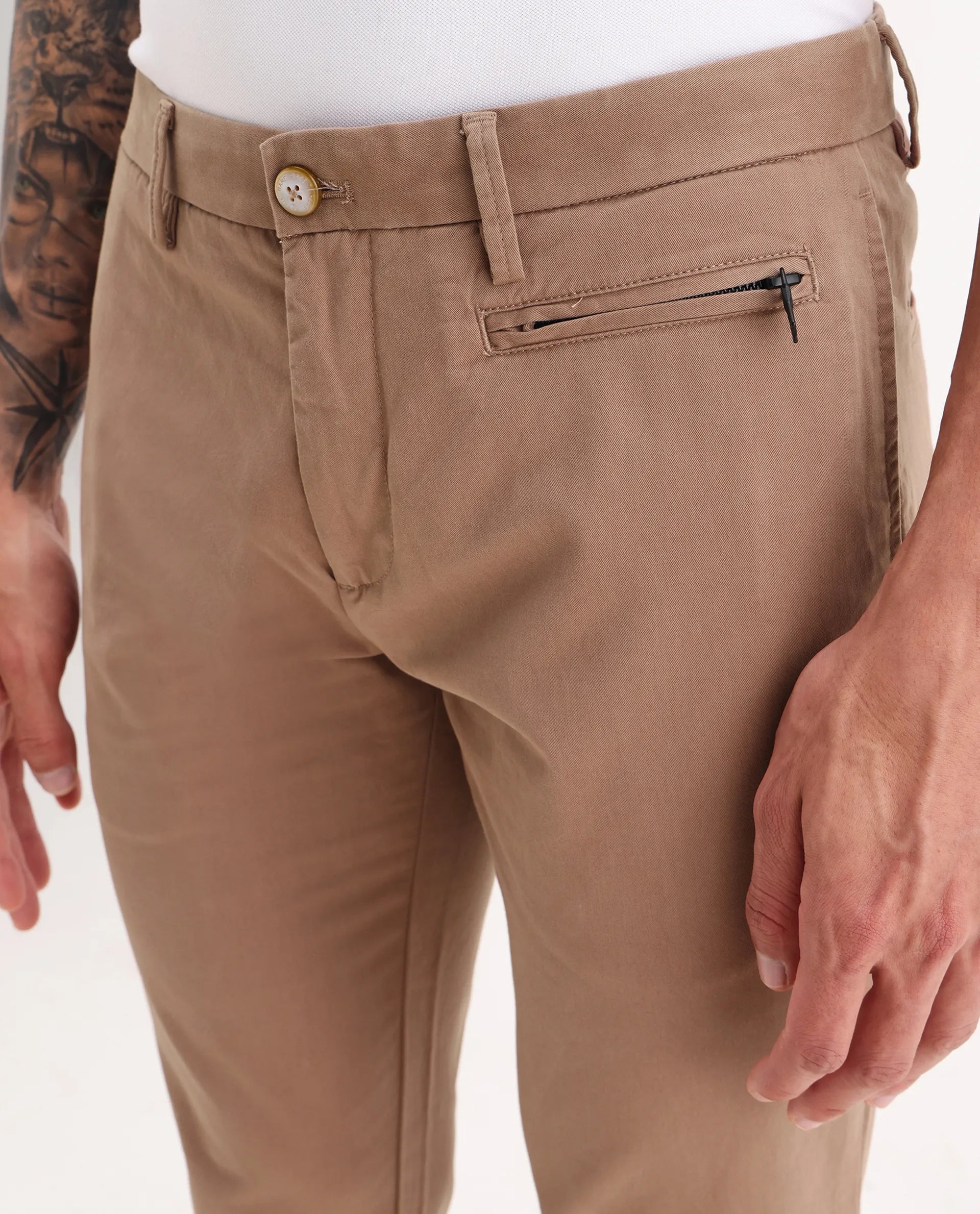 Rare Rabbit Men's Clovey Dark Peach Cotton Plain Regular Fit Trouser