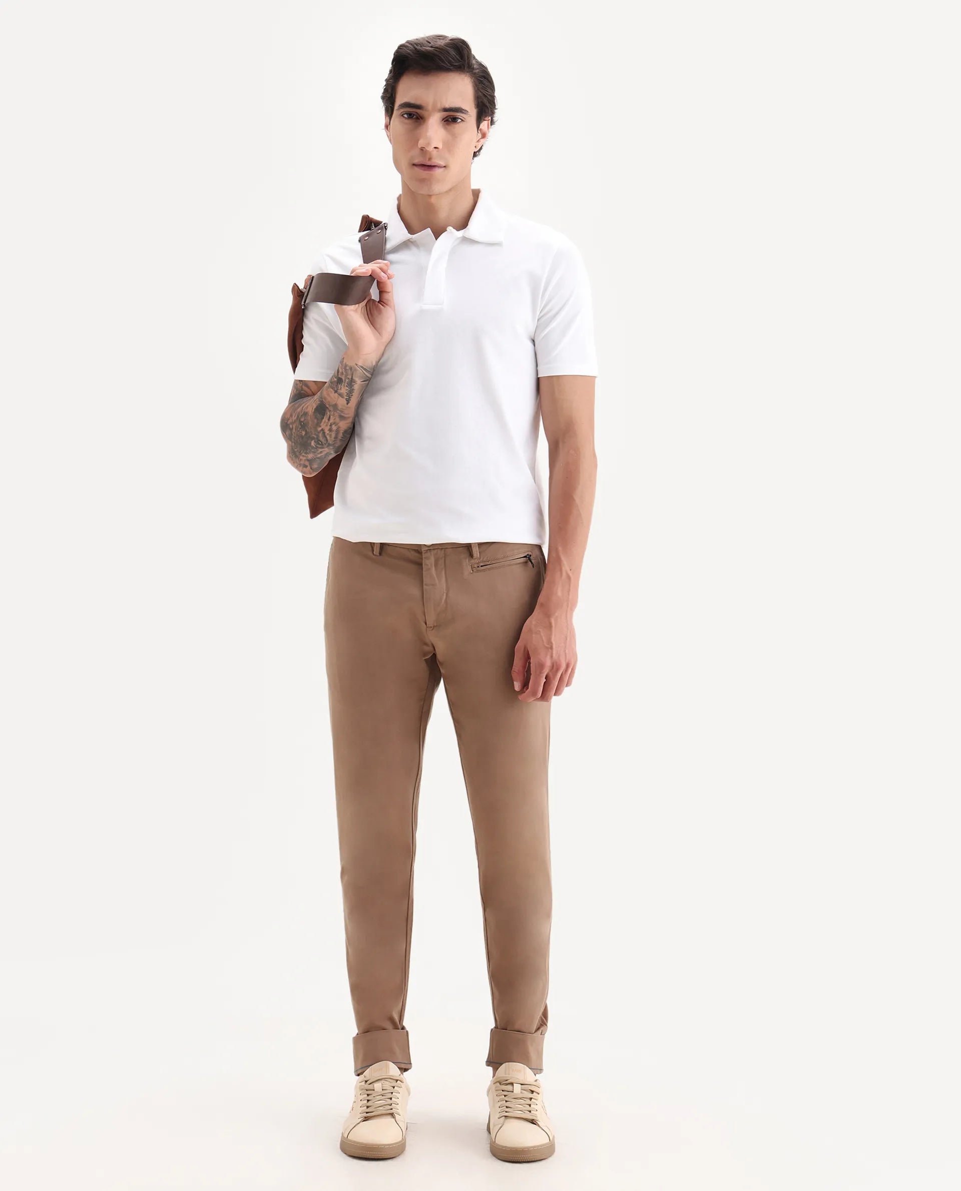 Rare Rabbit Men's Clovey Dark Peach Cotton Plain Regular Fit Trouser