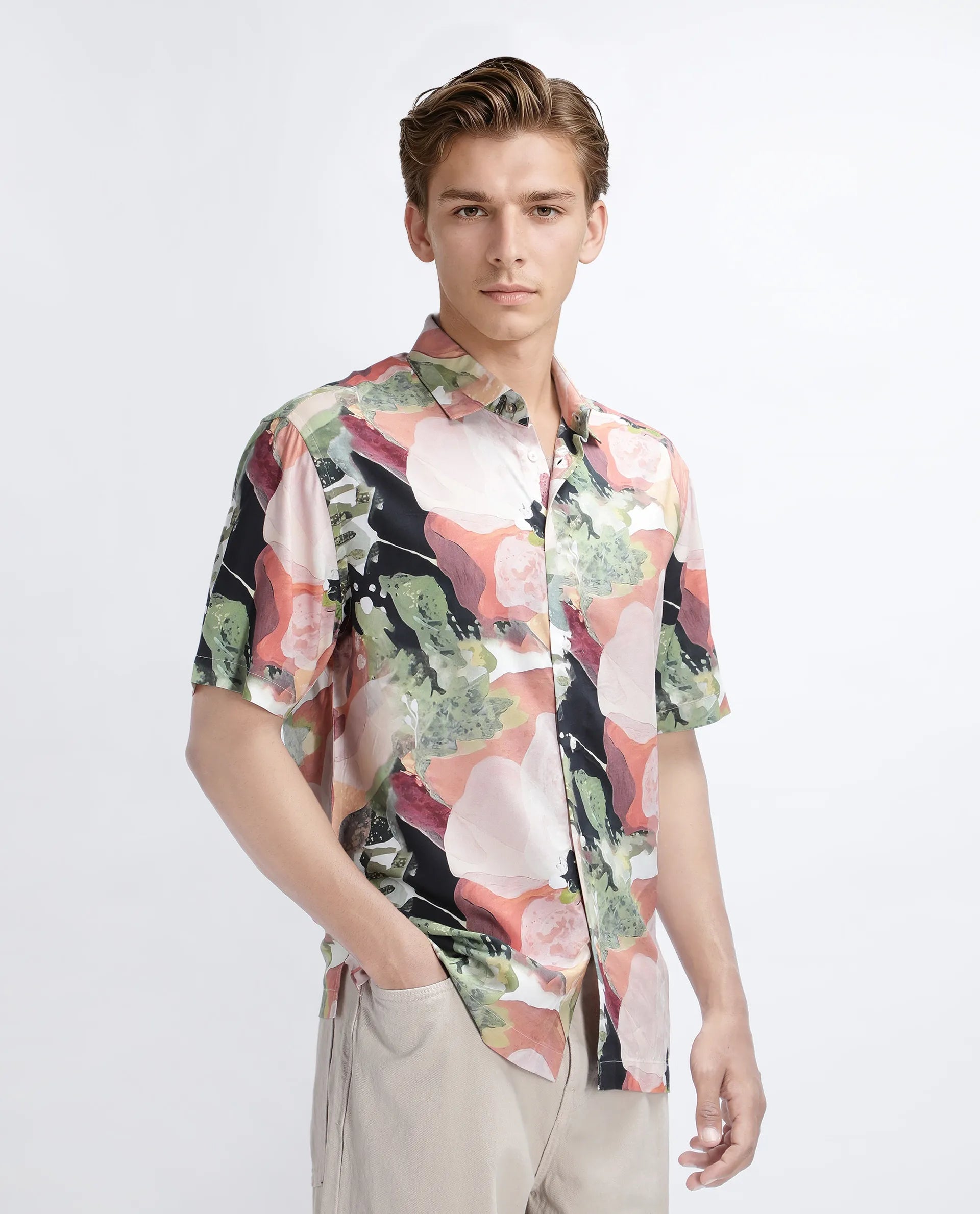 Rare Rabbit Men's Clow Pastel Peach Viscose Abstract Print Regular Fit Half Sleeve Collared Shirt