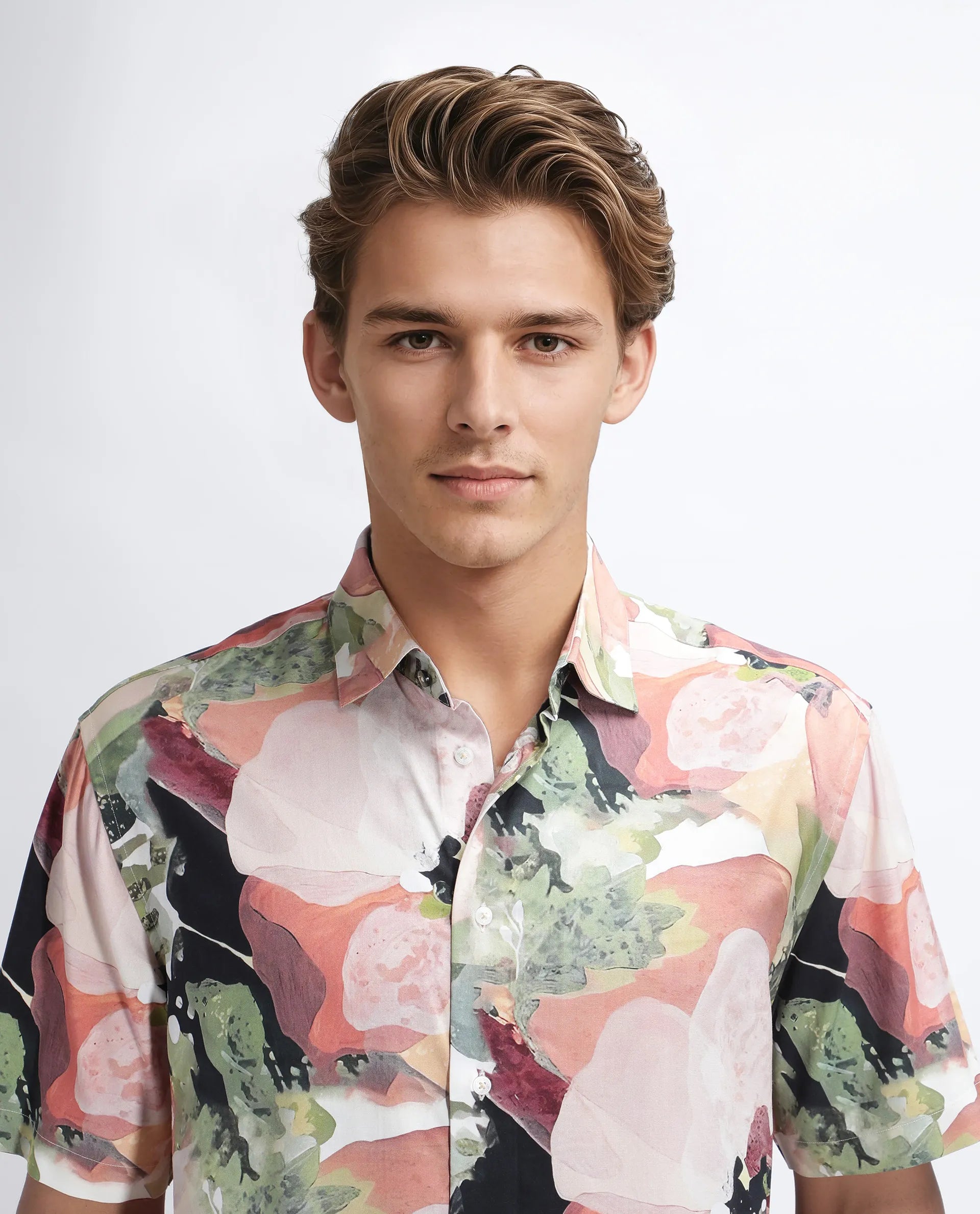 Rare Rabbit Men's Clow Pastel Peach Viscose Abstract Print Regular Fit Half Sleeve Collared Shirt