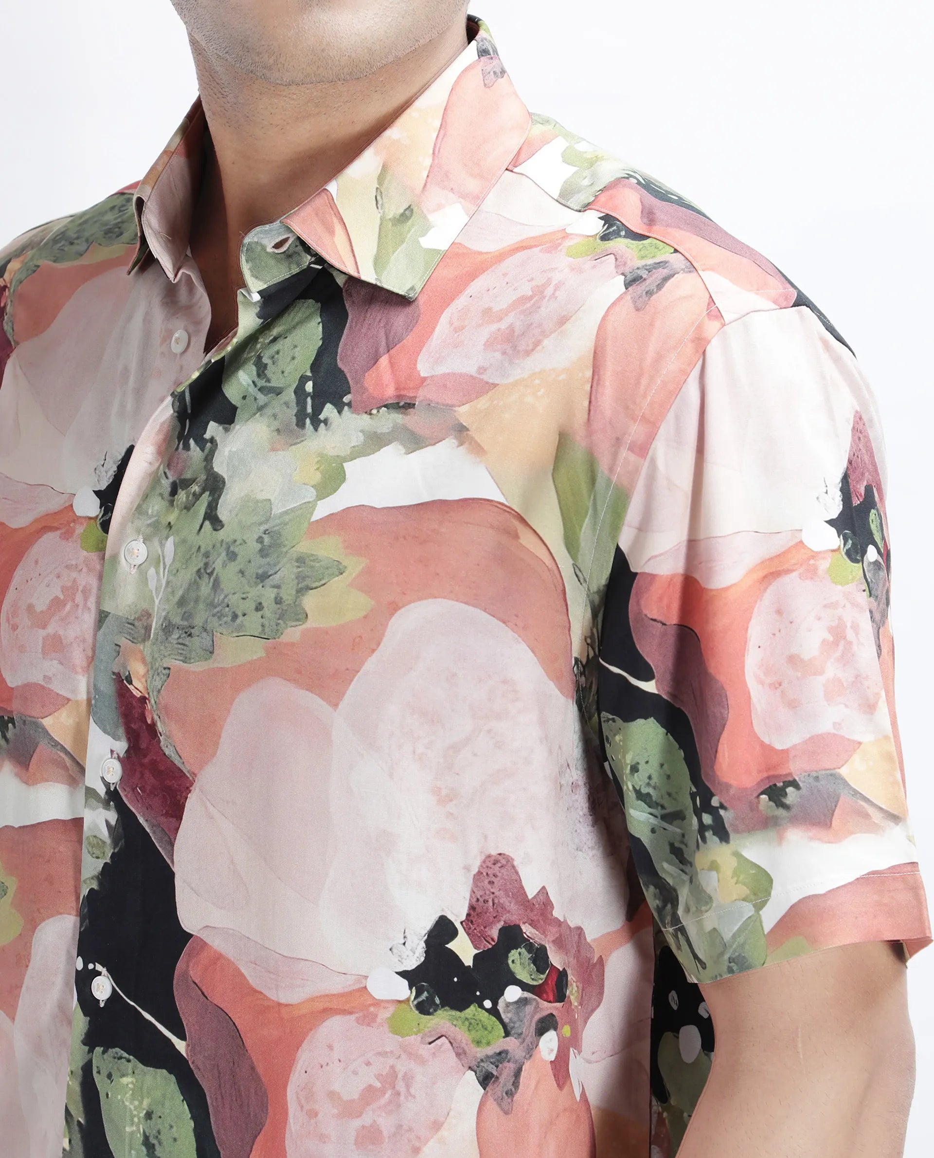 Rare Rabbit Men's Clow Pastel Peach Viscose Abstract Print Regular Fit Half Sleeve Collared Shirt