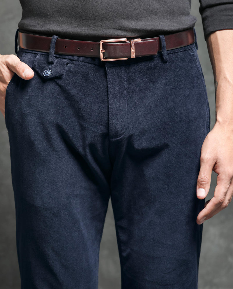 Rare Rabbit Men's Cloy Navy Solid Mid-Rise Regular Fit Velvet Trousers