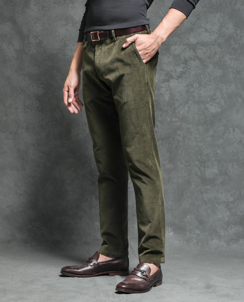 Rare Rabbit Men's Cloy Olive Solid Mid-Rise Regular Fit Velvet Trousers