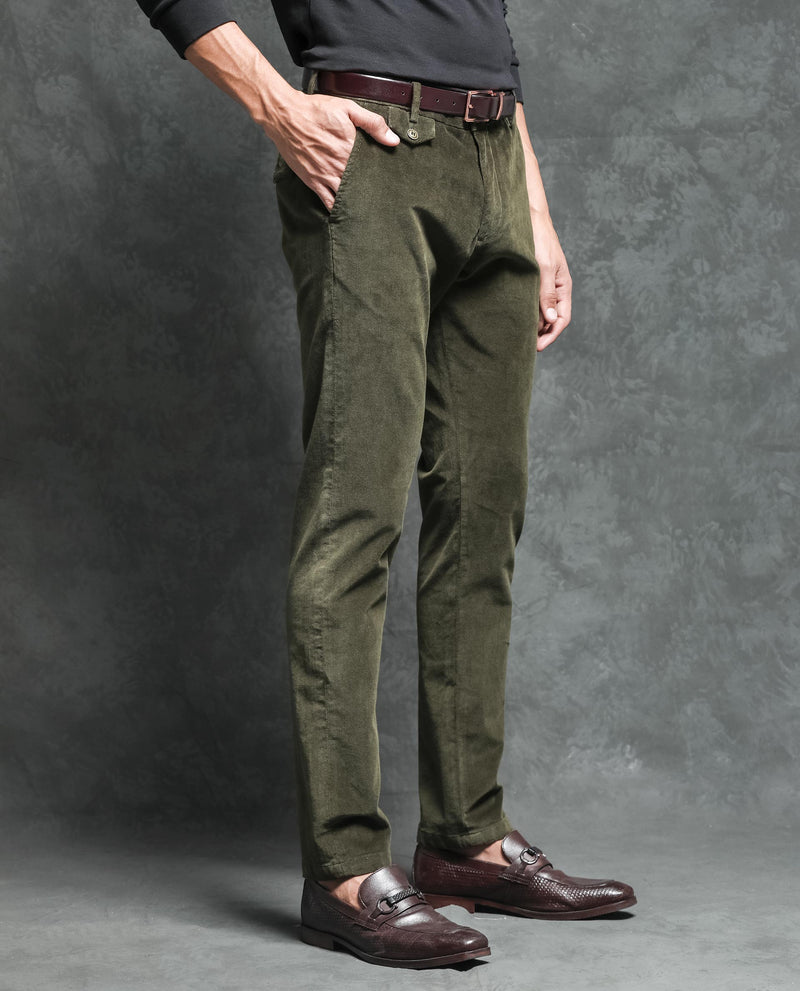 Rare Rabbit Men's Cloy Olive Solid Mid-Rise Regular Fit Velvet Trousers
