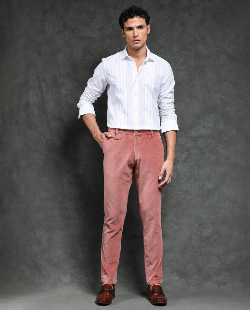 Rare Rabbit Men's Cloy Pink Solid Mid-Rise Regular Fit Velvet Trousers