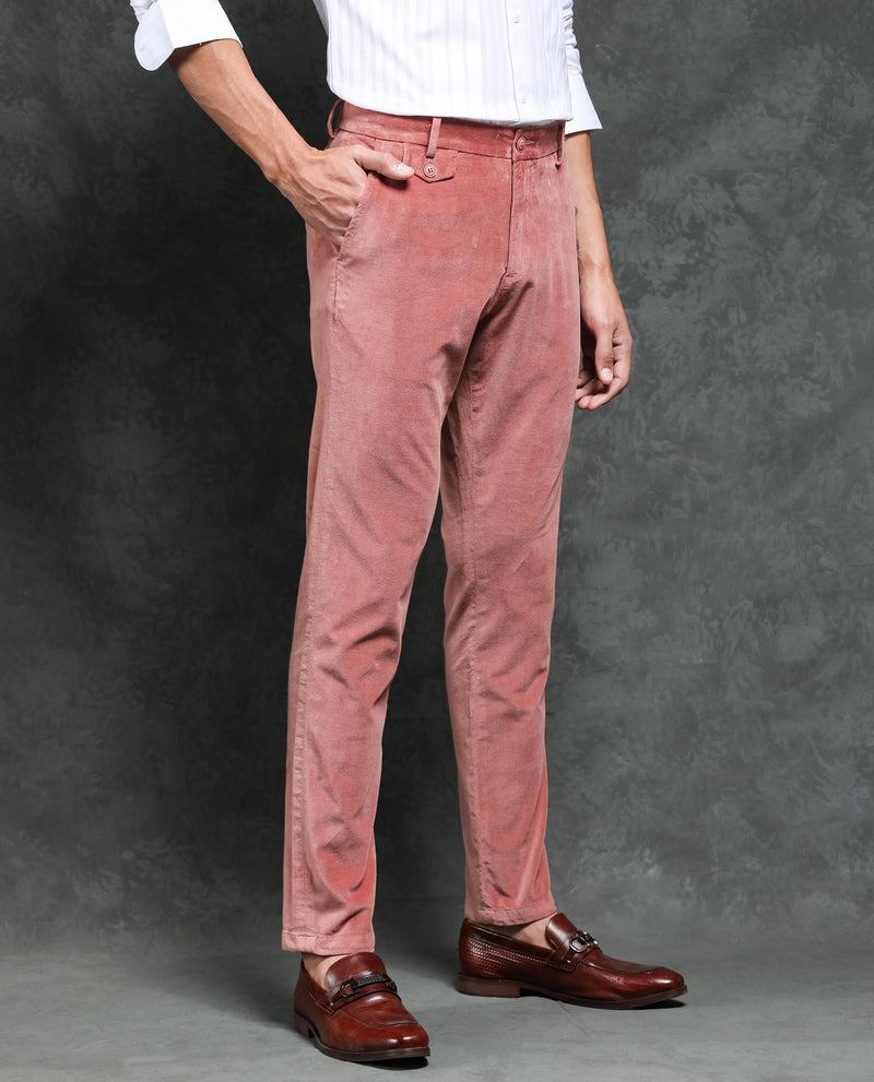 Rare Rabbit Men's Cloy Pink Solid Mid-Rise Regular Fit Velvet Trousers