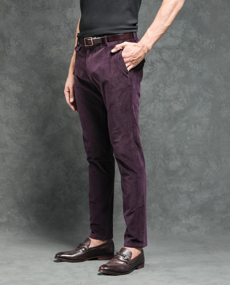 Rare Rabbit Men's Cloy Purple Solid Mid-Rise Regular Fit Velvet Trousers