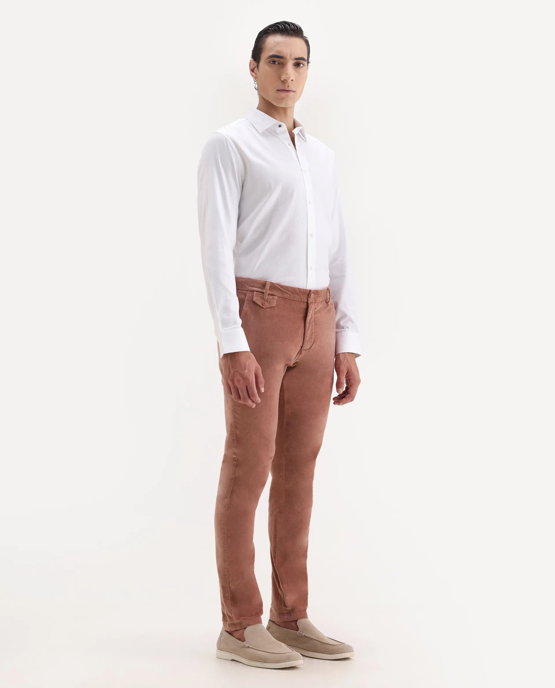 Rare Rabbit Men's Cloy Pink Velvet Plain Regular Fit Trouser